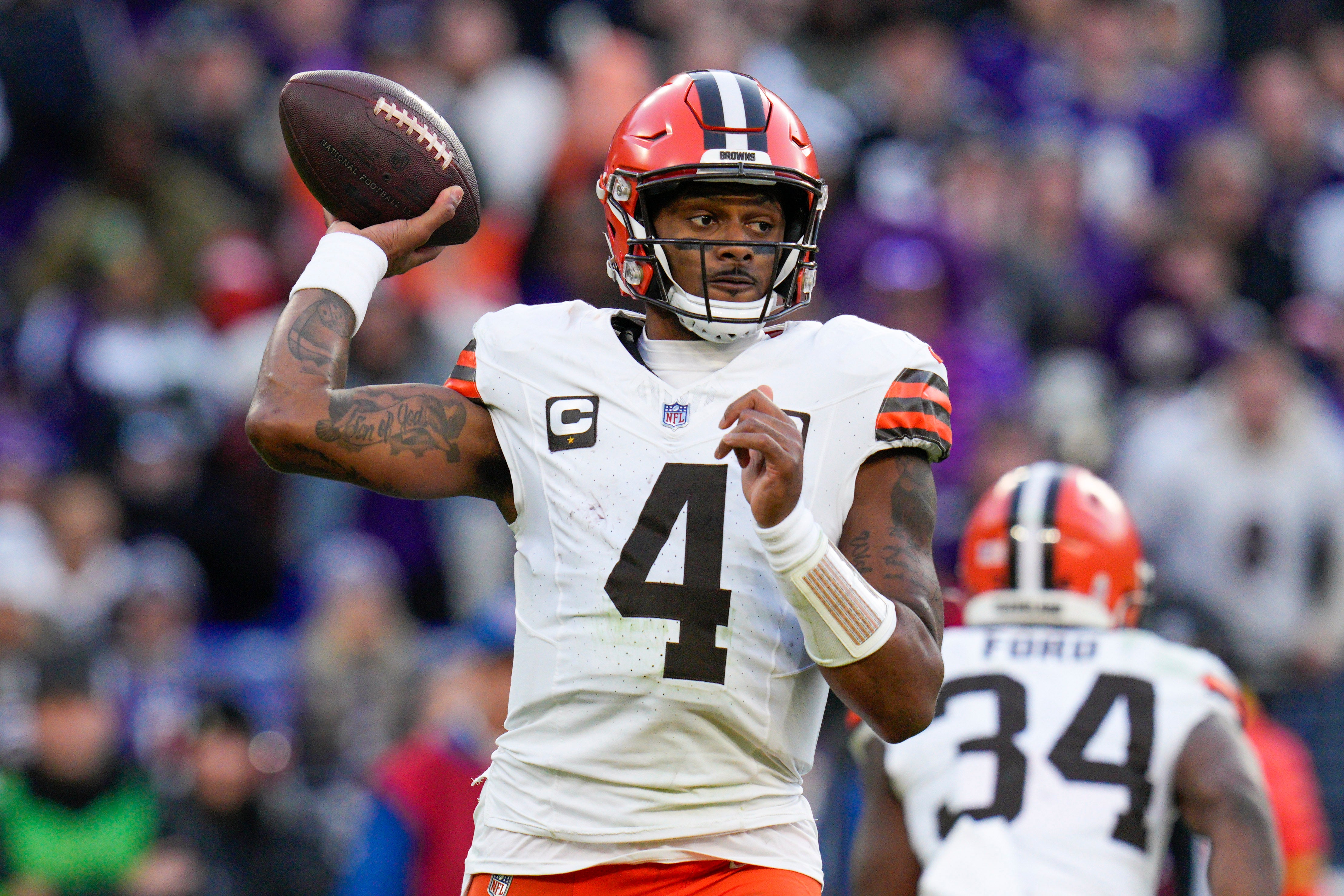 Nov 12, 2023; Baltimore, Maryland, USA; Cleveland Browns quarterback Deshaun Watson (4) passes against the Baltimore Ravens during the second half at M&T Bank Stadium. Mandatory Credit: Jessica Rapfogel-USA TODAY Sports