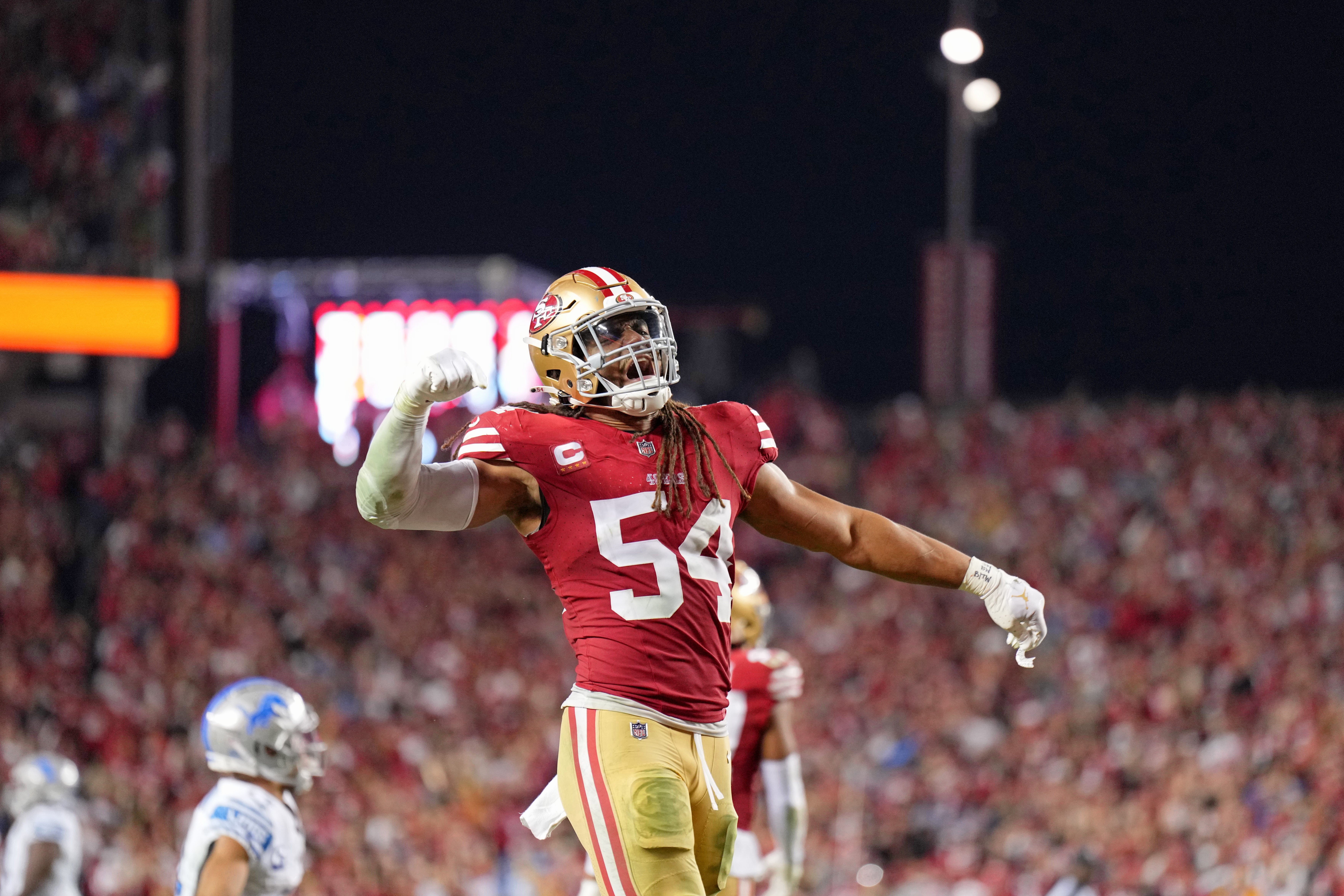 Jan 28, 2024; Santa Clara, California, USA; San Francisco 49ers linebacker Fred Warner (54) reacts after a play against the Detroit Lions during the second half of the NFC Championship football game at Levi's Stadium.