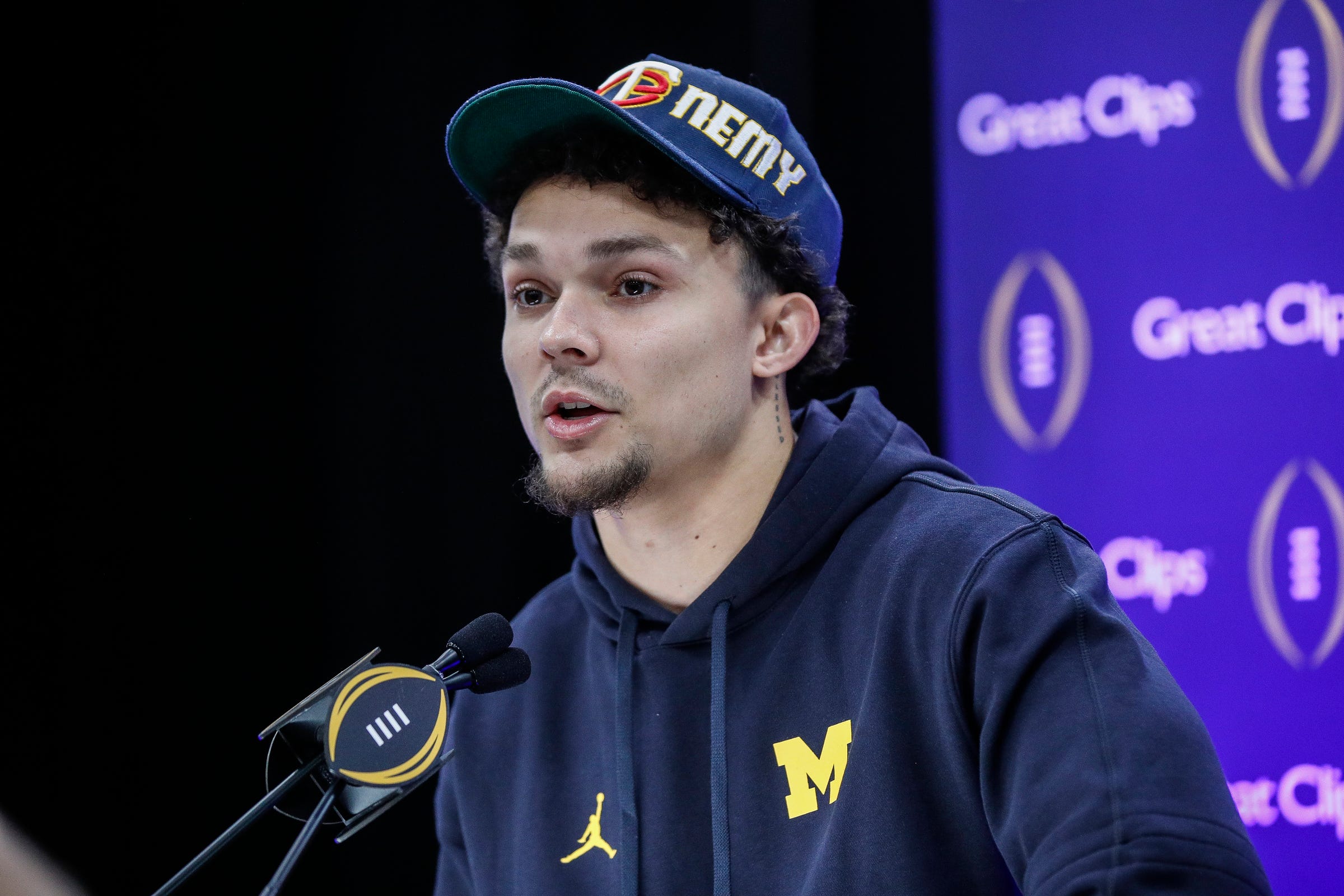 Michigan wide receiver Roman Wilson speaks during national championship game media day at George R. Brown Convention Center in Houston, Texas on Saturday, Jan. 6, 2024.