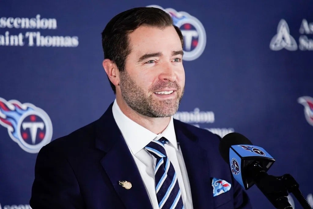 Brian Callahan speaks during a press conference after being hired as the Tennessee Titans new head coach at Ascension Saint Thomas Sports Park in Nashville, Tenn., Thursday, Jan. 25, 2024