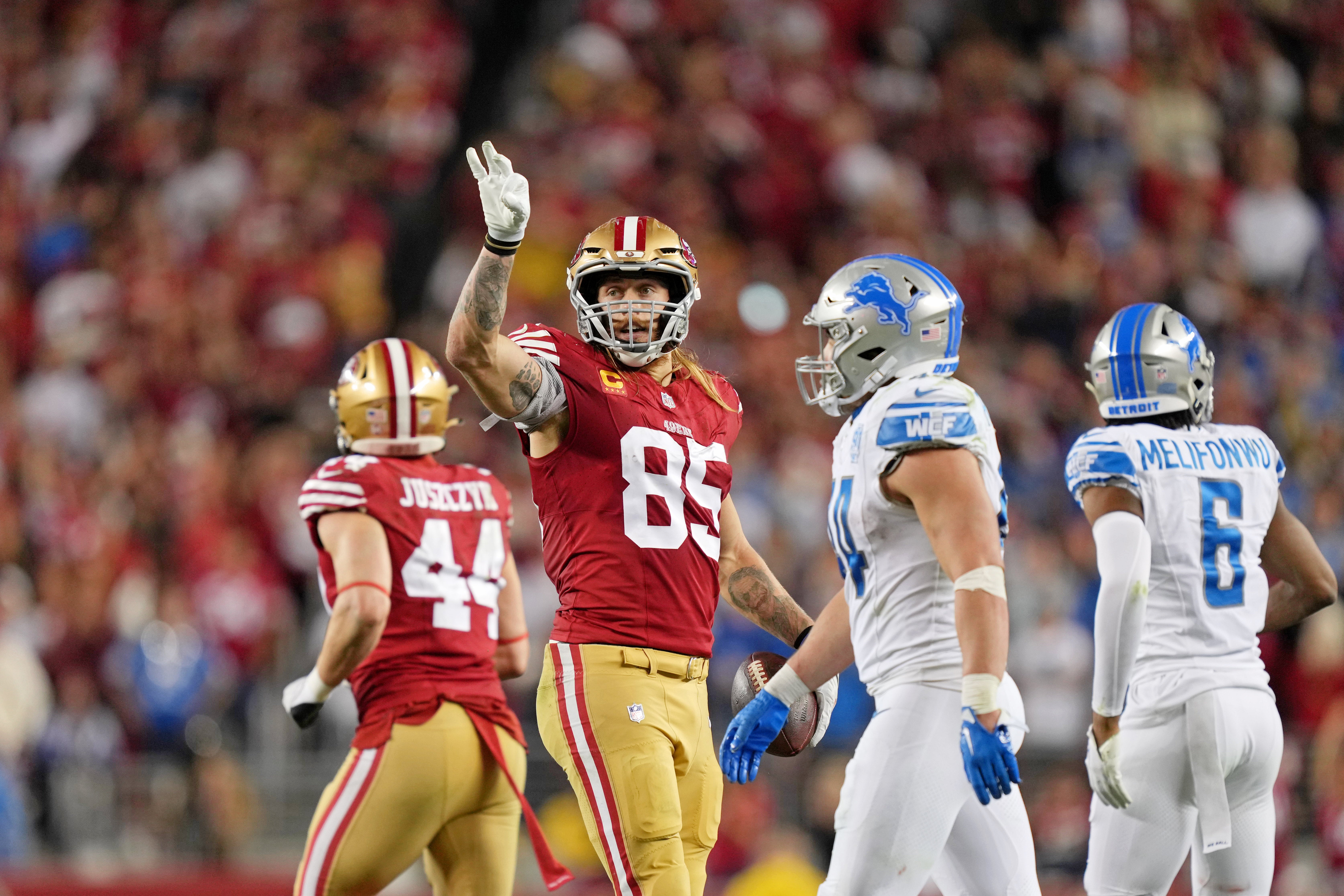 Jan 28, 2024; Santa Clara, California, USA; San Francisco 49ers tight end George Kittle (85) reacts after a first down against the Detroit Lions during the second half of the NFC Championship football game at Levi's Stadium.