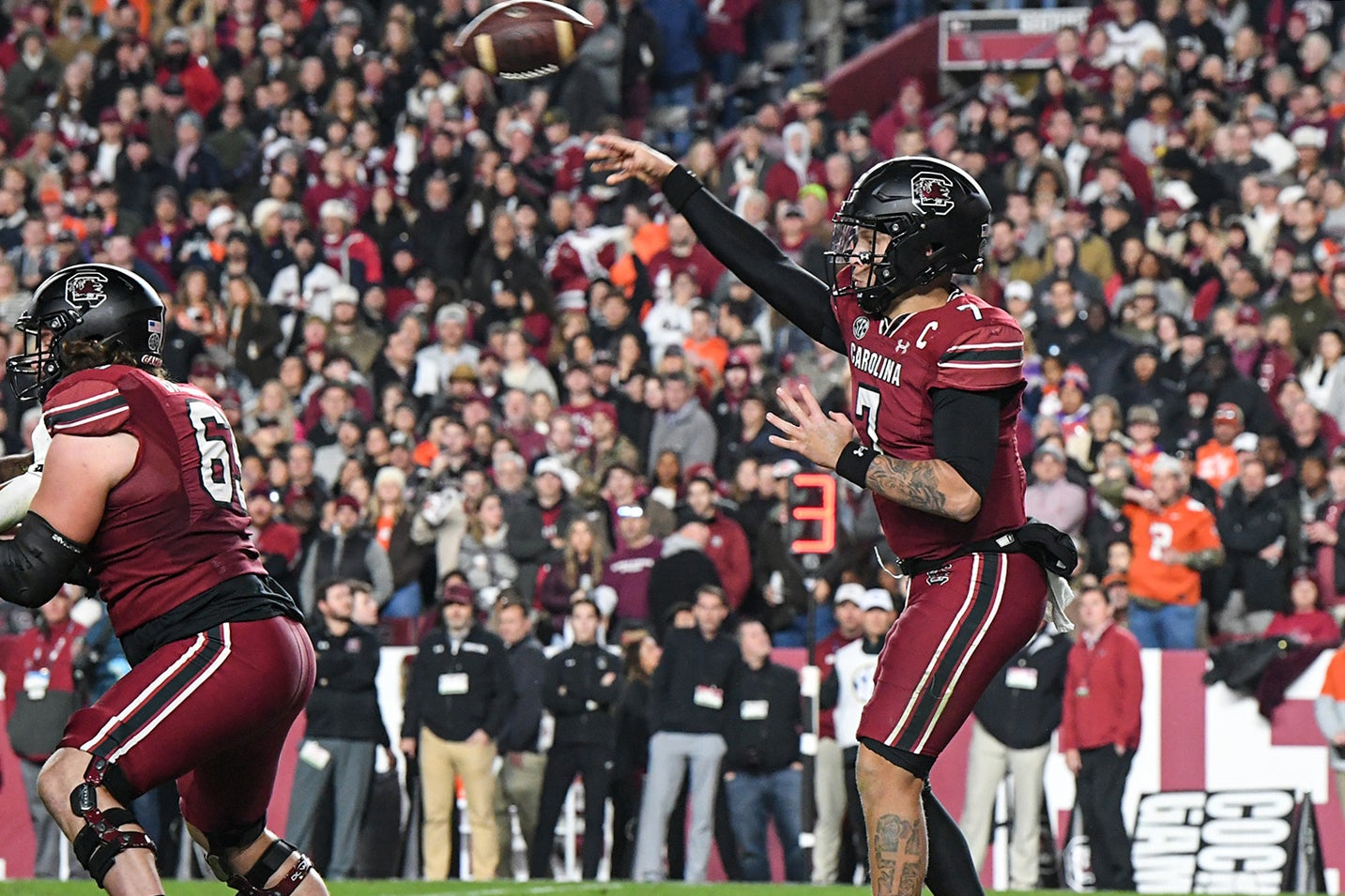 Nov 25, 2023; Columbia, South Carolina, USA; South Carolina Gamecocks quarterback Spencer Rattler (7) throws a pass against the Clemson Tigers during the second quarter at Williams-Brice Stadium. Mandatory Credit: Ken Ruinard-USA TODAY Sports