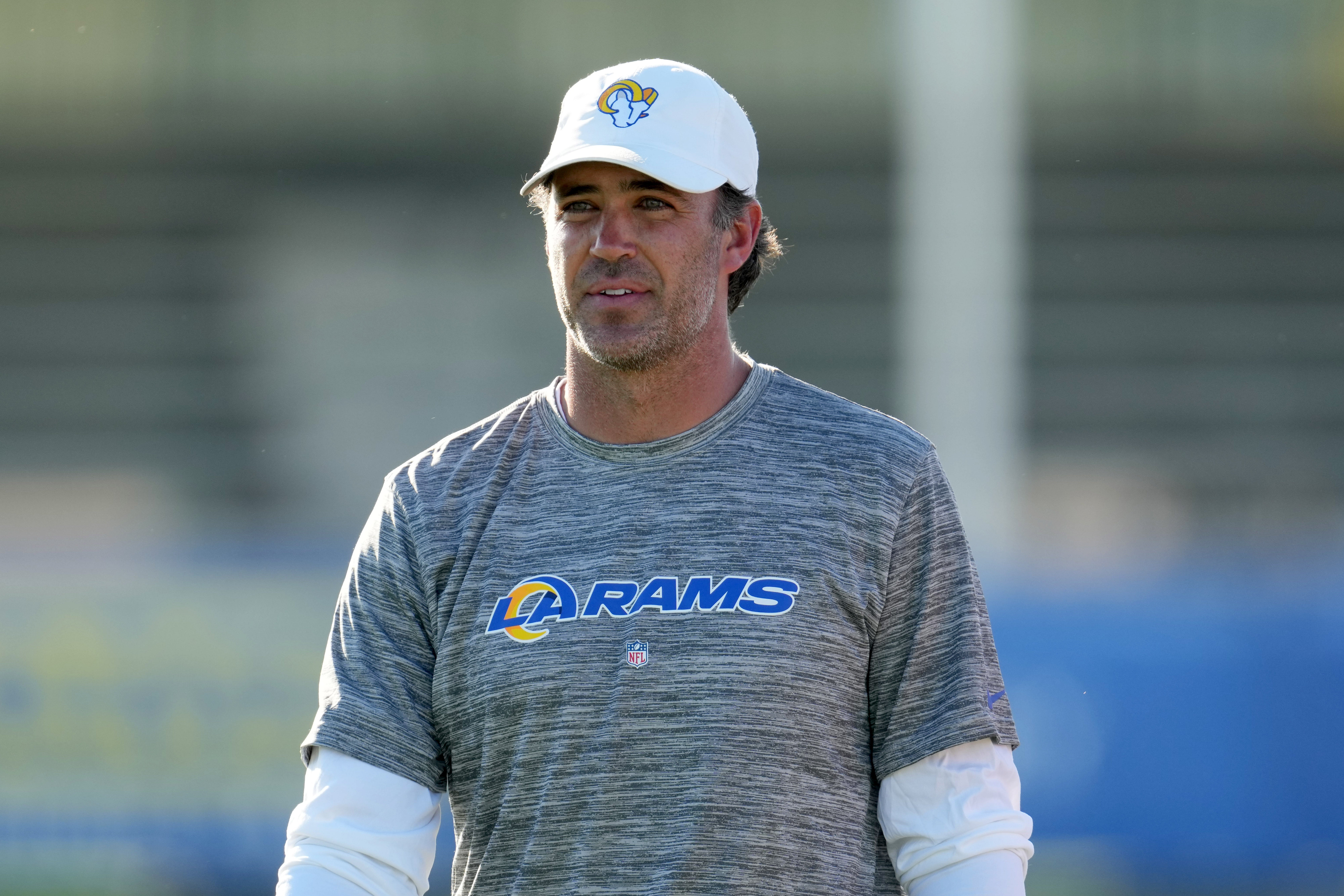 Jul 26, 2023; Irvine, CA, USA; Los Angeles Rams quarterbacks coach Zac Robinson during training camp at UC Irvine. Mandatory Credit: Kirby Lee-USA TODAY Sports