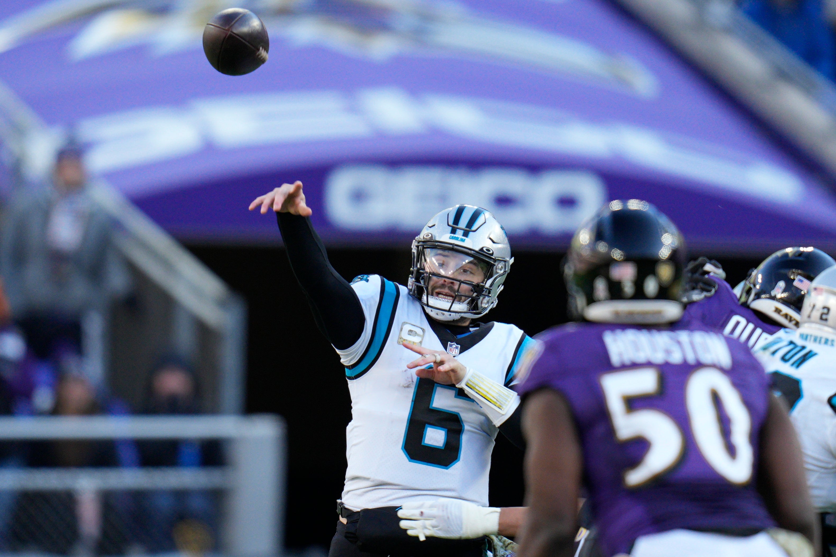 Nov 20, 2022; Baltimore, Maryland, USA; Carolina Panthers quarterback Baker Mayfield (6) throws against the Baltimore Ravens during the second half at M&T Bank Stadium. Mandatory Credit: Jessica Rapfogel-USA TODAY Sports