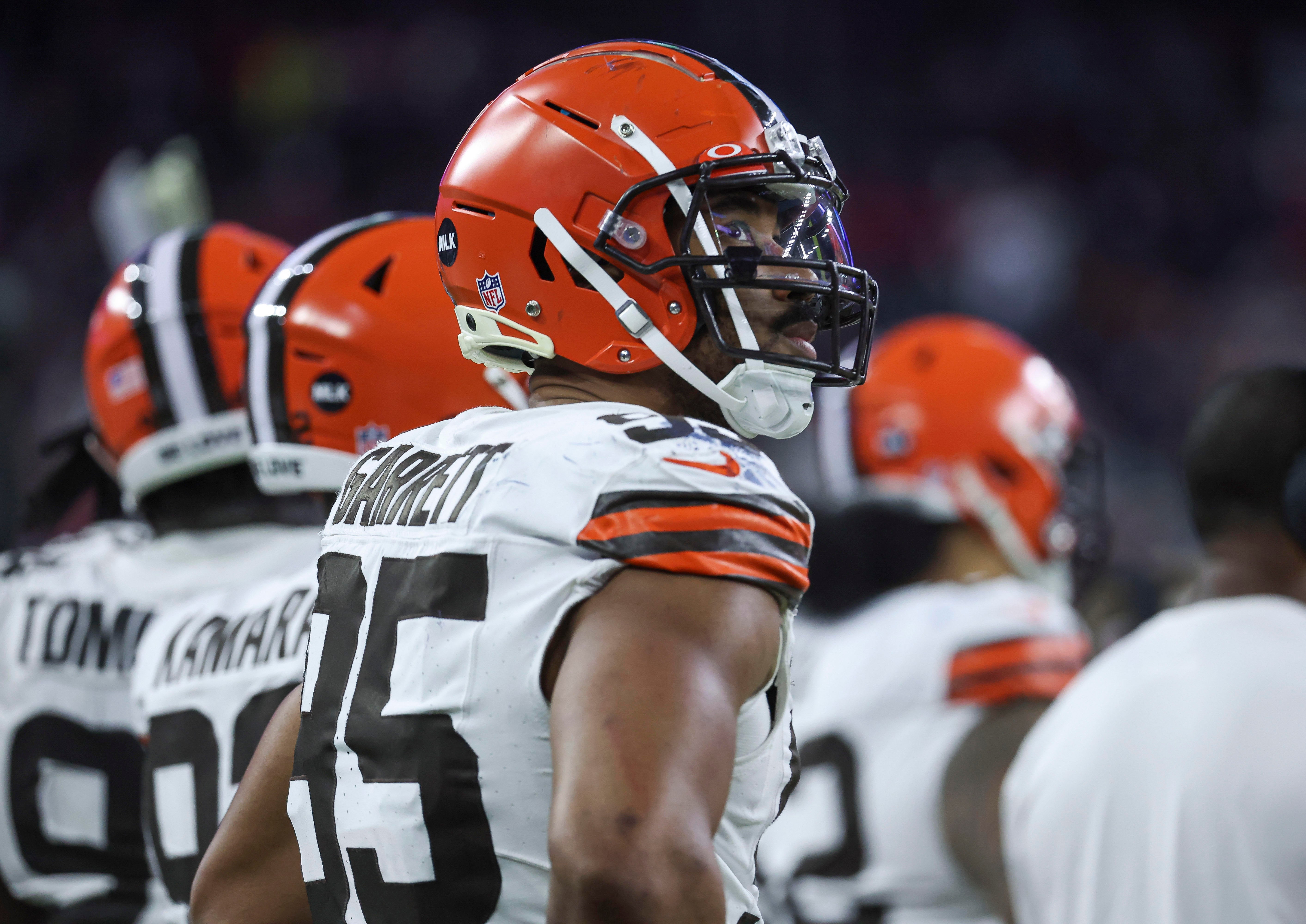 Jan 13, 2024; Houston, Texas, USA; Cleveland Browns defensive end Myles Garrett (95) looks up on the sideline in a 2024 AFC wild card game against the Houston Texans at NRG Stadium. Mandatory Credit: Troy Taormina-USA TODAY Sports