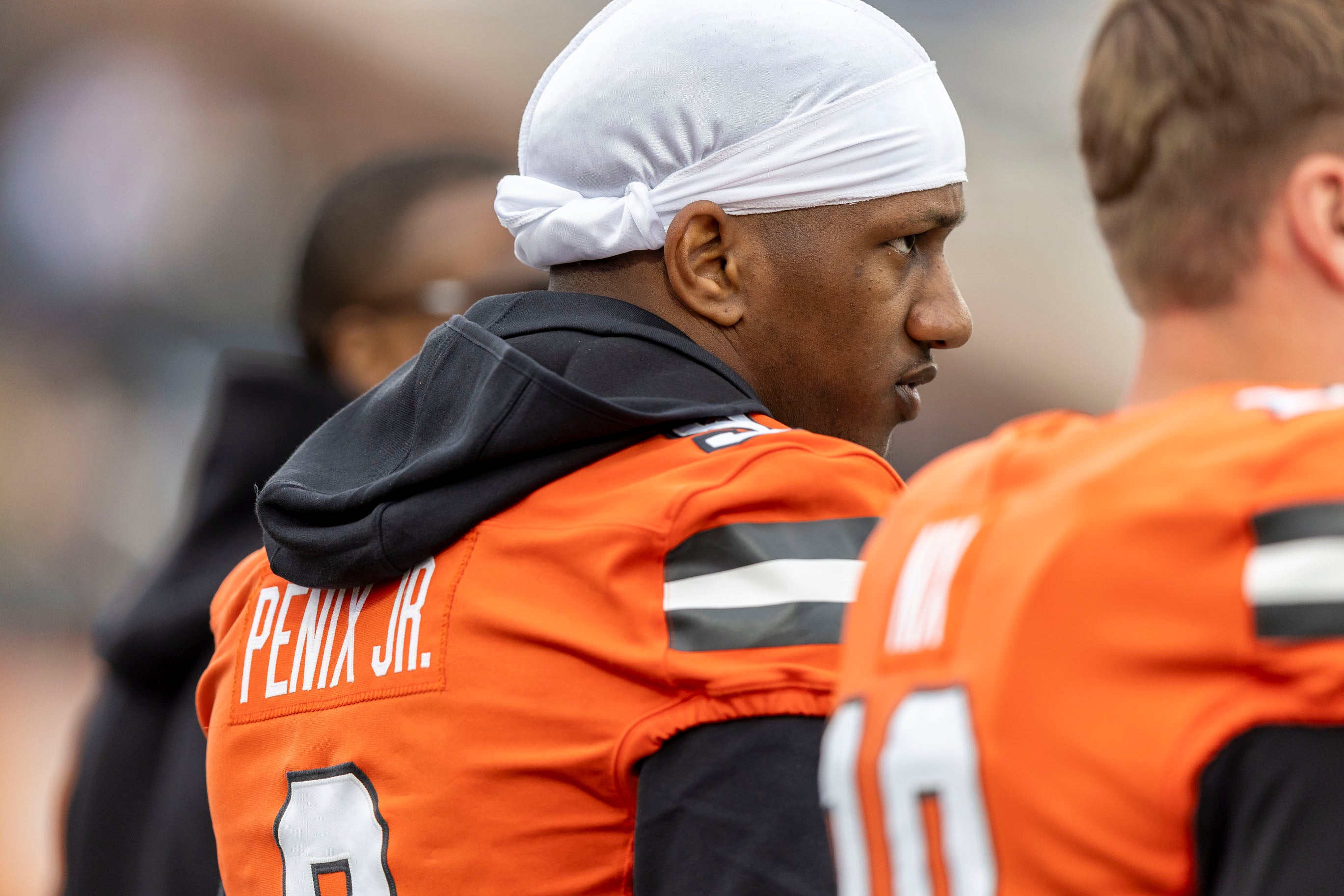 Feb 3, 2024; Mobile, AL, USA; National quarterback Michael Penix Jr. of Washington (9) walks the sideline during the second half of the 2024 Senior Bowl football game at Hancock Whitney Stadium. Penix did not play Saturday.