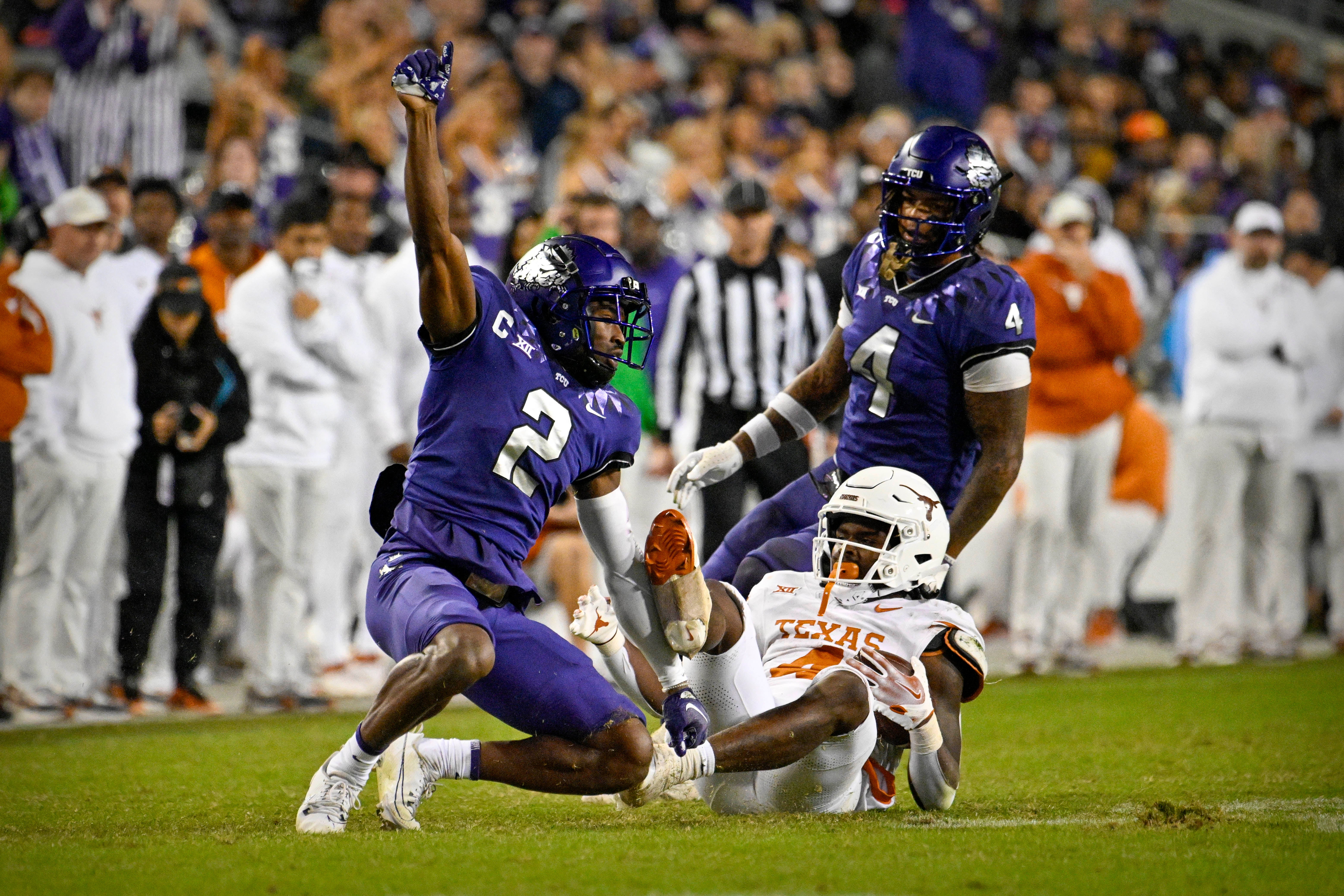 Nov 11, 2023; Fort Worth, Texas, USA; TCU Horned Frogs cornerback Josh Newton (2) in action during the game between the TCU Horned Frogs and the Texas Longhorns at Amon G. Carter Stadium. Mandatory Credit: Jerome Miron-USA TODAY Sports