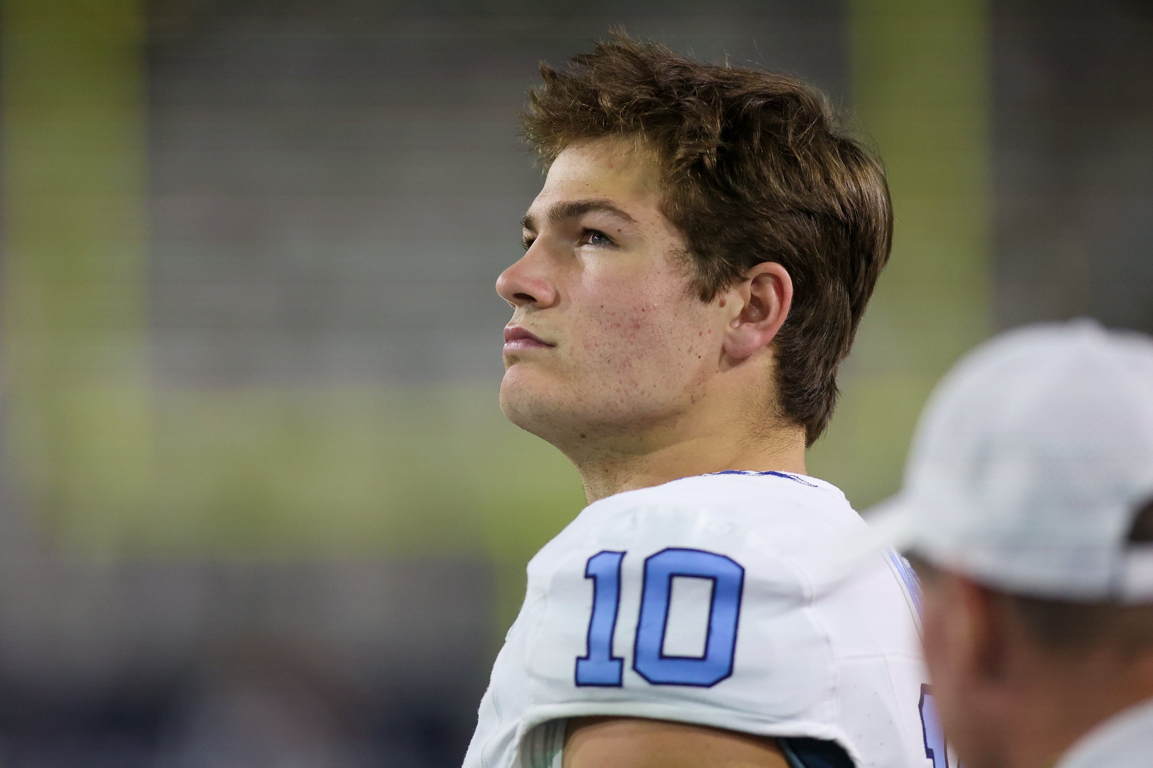 Oct 28, 2023; Atlanta, Georgia, USA; North Carolina Tar Heels quarterback Drake Maye (10) on the sideline against the Georgia Tech Yellow Jackets in the first half at Bobby Dodd Stadium at Hyundai Field.