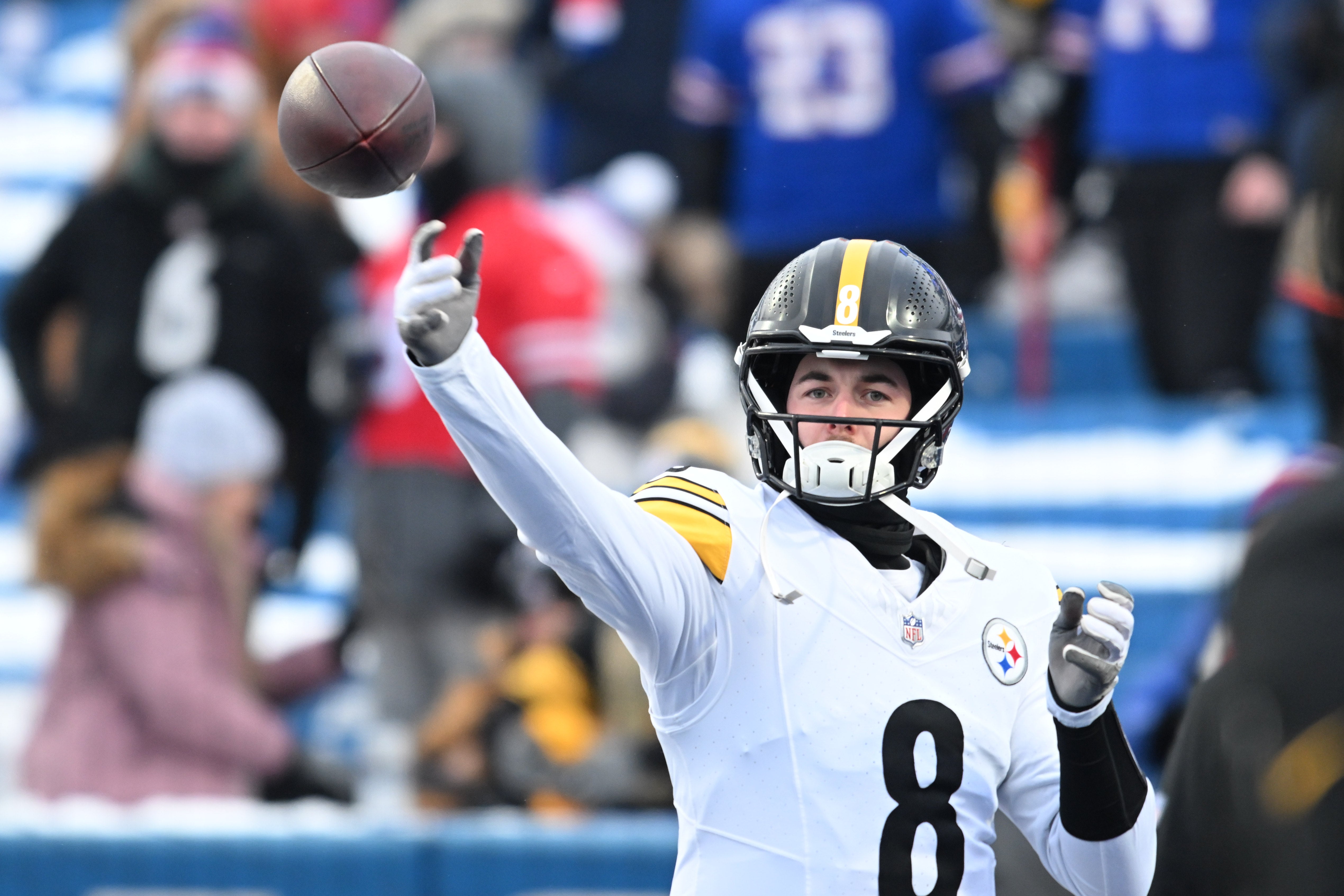 Jan 15, 2024; Orchard Park, New York, USA; Pittsburgh Steelers quarterback Kenny Pickett (8) warms up before the game against the Buffalo Bills in a 2024 AFC wild card game at Highmark Stadium. Mandatory Credit: Mark Konezny-USA TODAY Sports