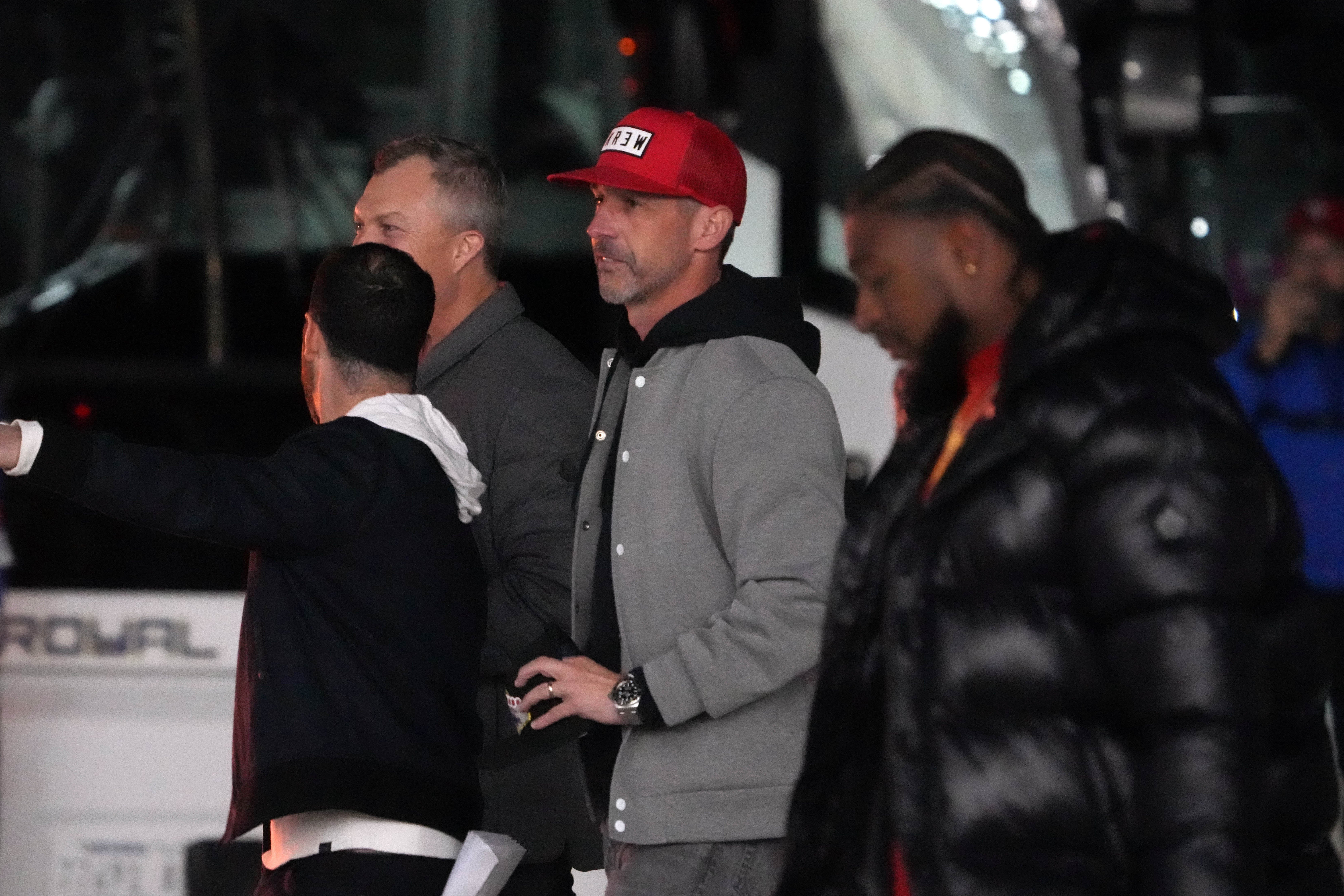 Feb 4, 2024; Las Vegas, NV, USA; San Francisco 49ers coach Kyle Shanahan exits the team plane during Super Bowl 58 team arrivals at the Harry Reid International Airport.