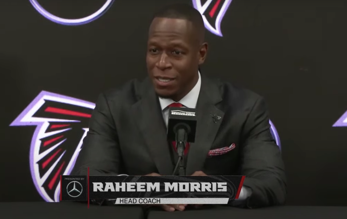 Atlanta Falcons head coach Raheem Morris addresses the media during his introductory press conference on Feb. 5, 2024.