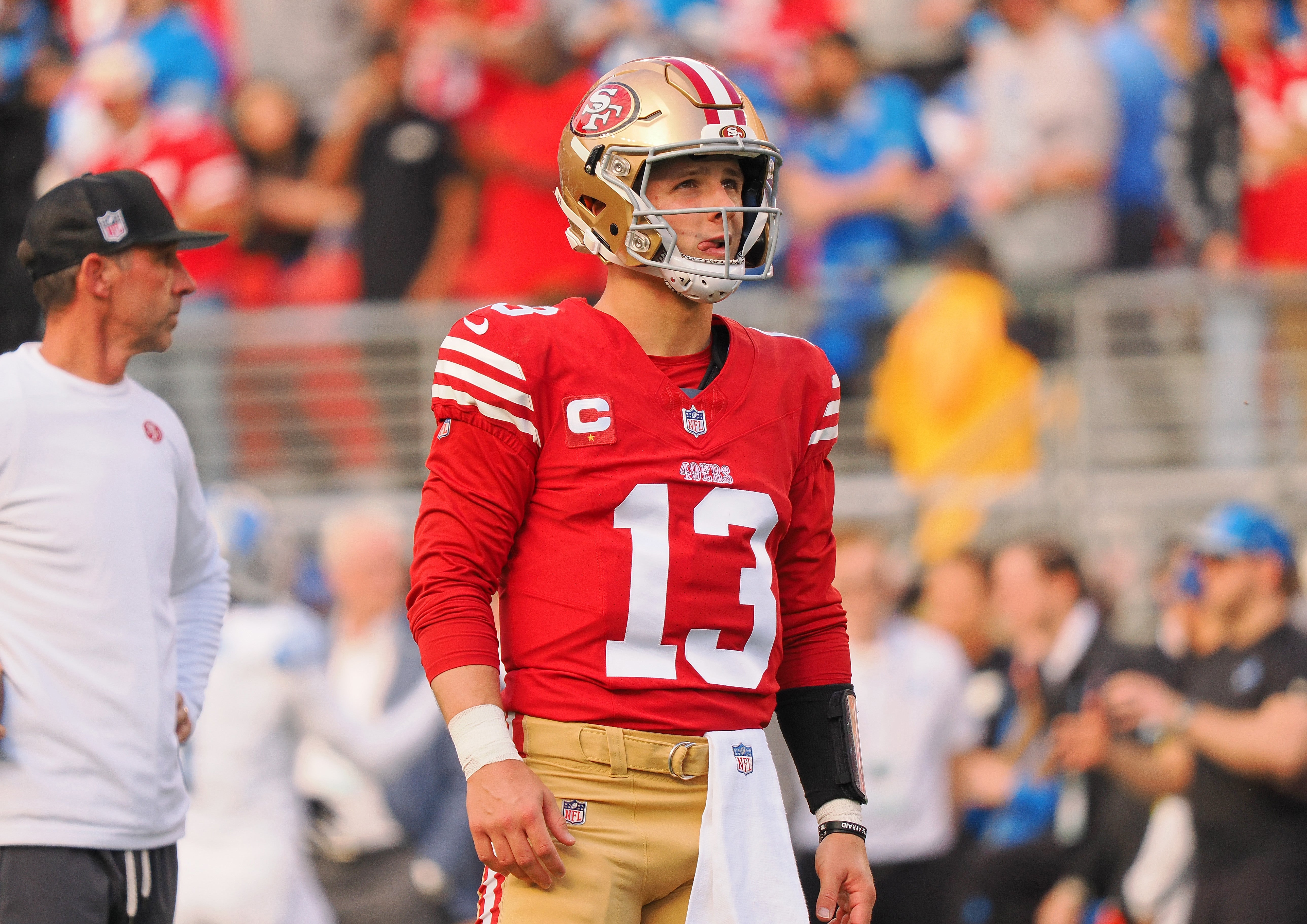 Jan 28, 2024; Santa Clara, California, USA; San Francisco 49ers quarterback Brock Purdy (13) warms up before the NFC Championship football game against the Detroit Lions at Levi's Stadium.