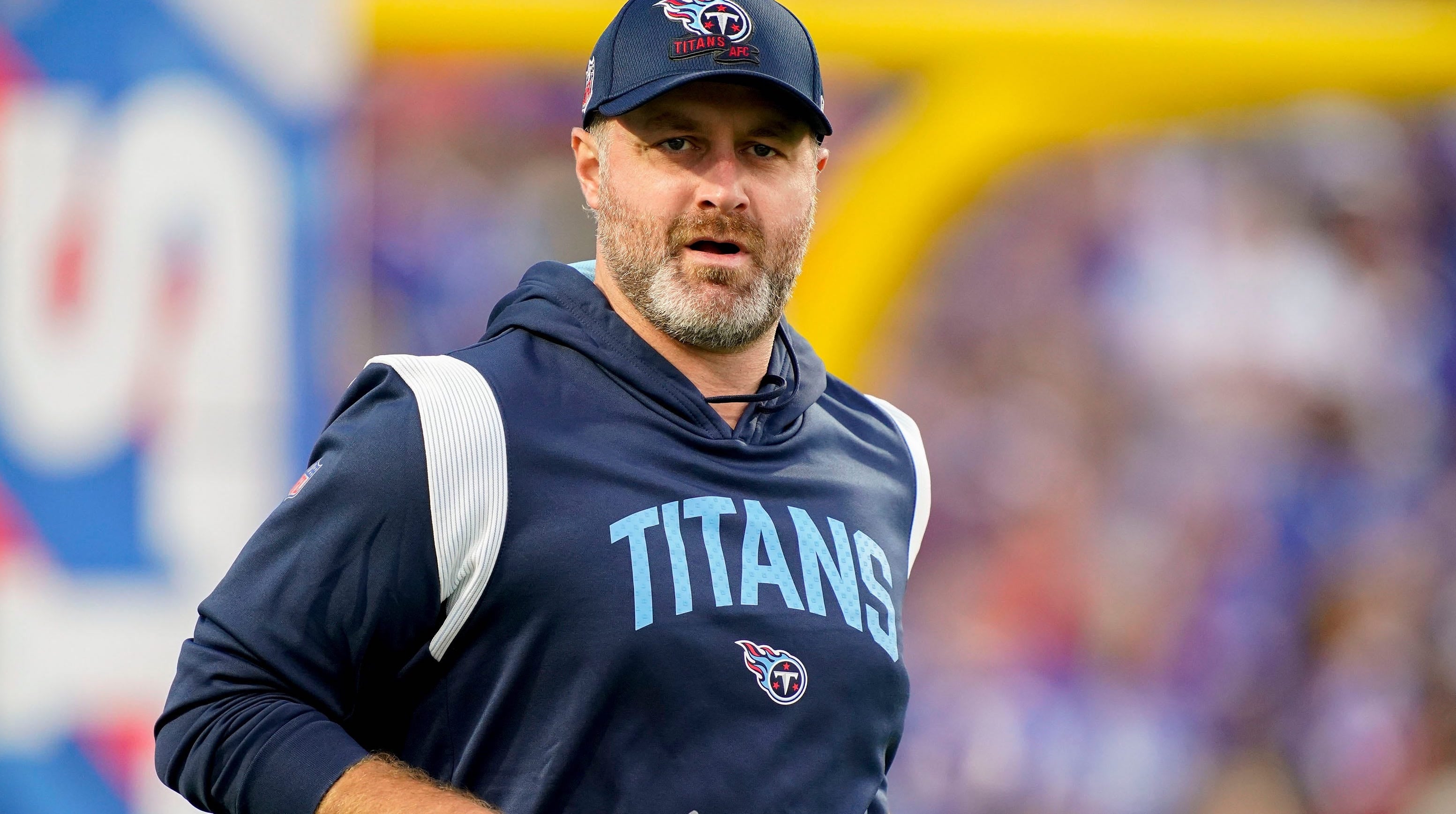 Tennessee Titans defensive coordinator Shane Bowen runs on the field as they get ready to face the Buffalo Bills at Highmark Stadium Monday, Sept. 19, 2022. George Walker IV / Tennessean.com-USA TODAY NETWORK
