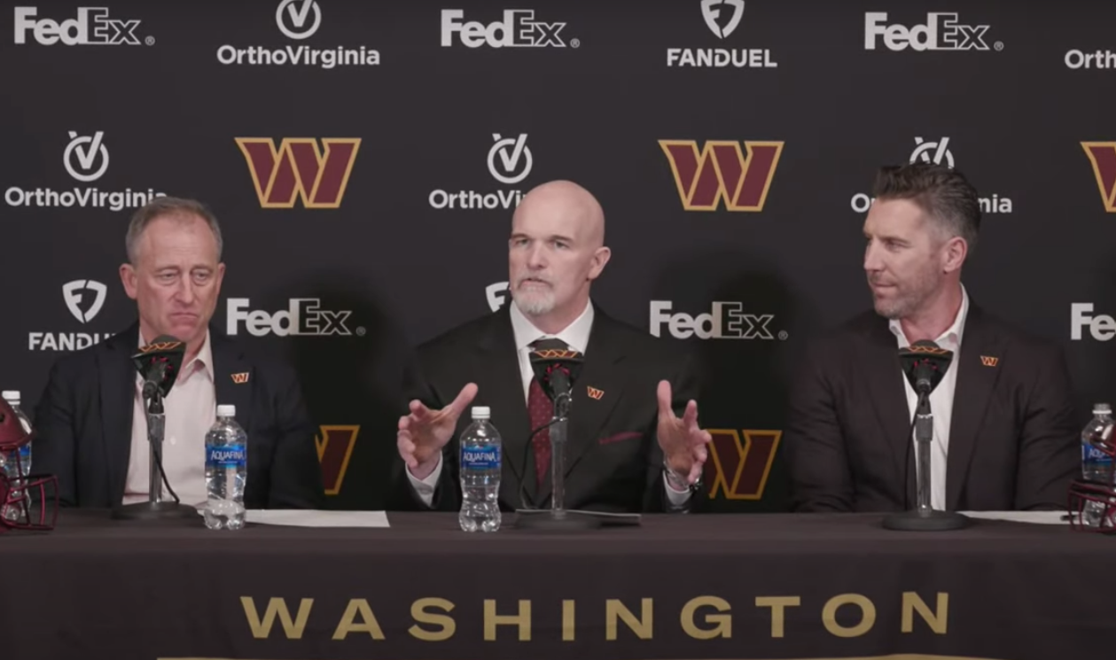 Washington Commanders head coach Dan Quinn speaks to the media during his introductory press conference on Feb. 5, 2024.