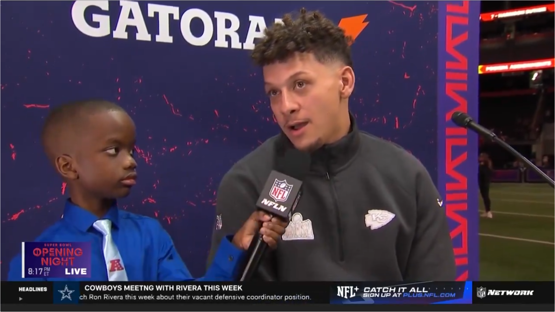 Kansas City Chiefs Patrick Mahomes talks to Jeremiah Fennell on  Super Bowl media night.
