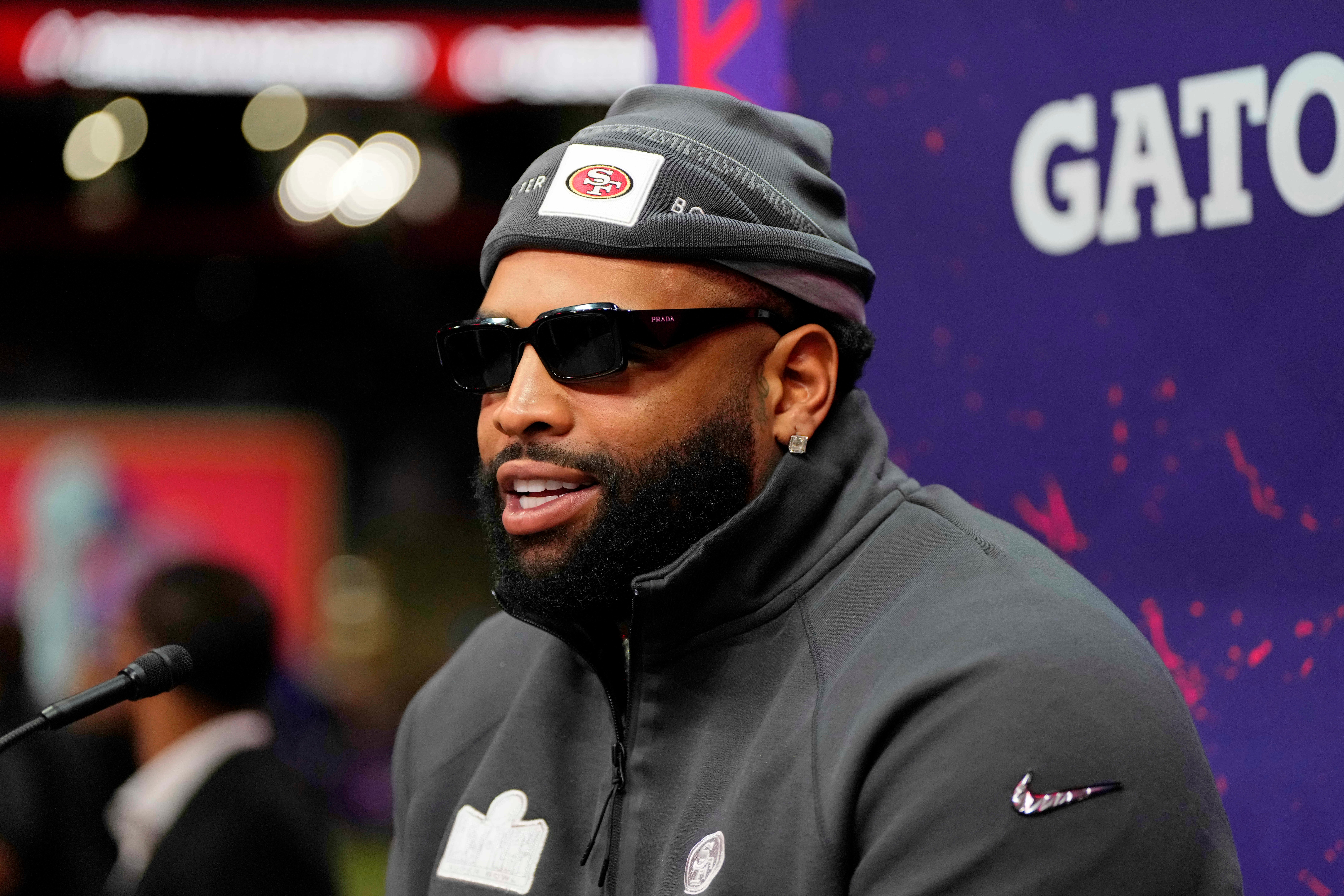 Feb 5, 2024; Las Vegas, NV, USA; San Francisco 49ers offensive tackle Trent Williams (71) talks to the media during Super Bowl LVIII Opening Night at Allegiant Stadium.