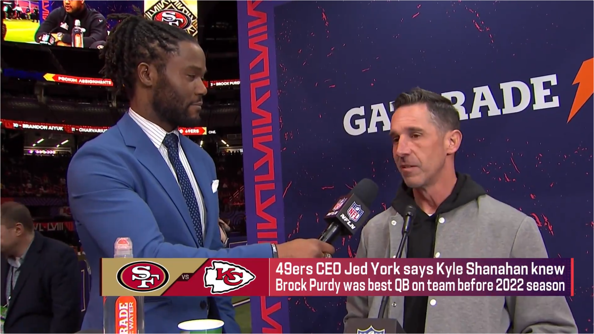 San Francisco 49ers head coach Kyle Shanahan discusses Brock Purdy ahead of Super Bowl LVIII.