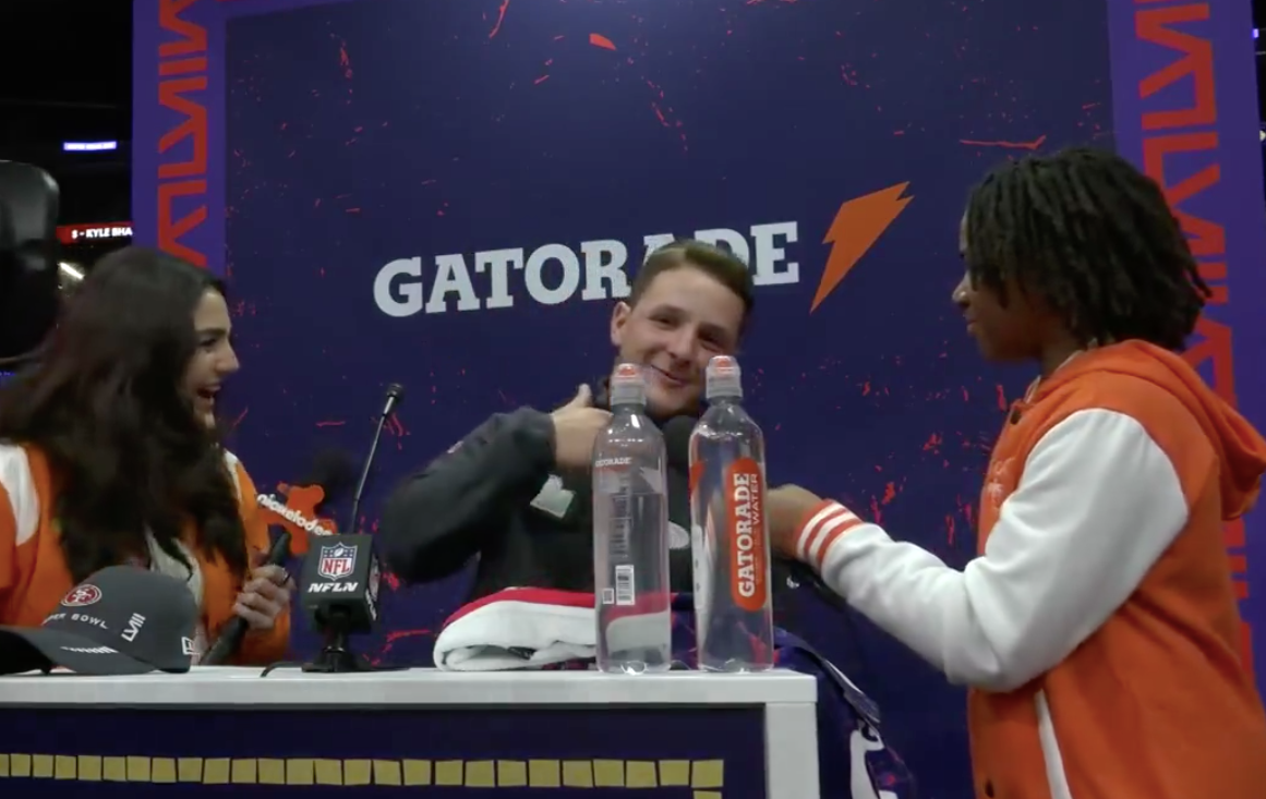 San Francisco 49ers quarterback Brock Purdy shows off his Spongebob voice during a Super Bowl LVIII interview with Nickelodeon in Las Vegas.