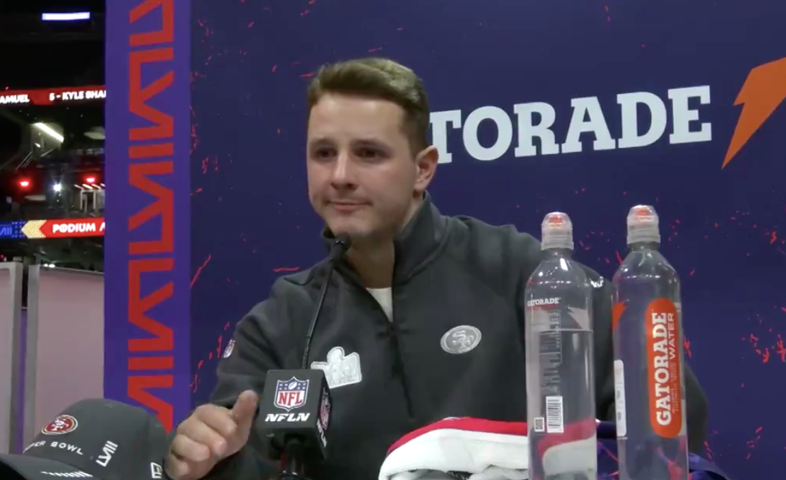 San Francisco 49ers quarterback Brock Purdy speaks to the media on Opening Night of Super Bowl LVIII