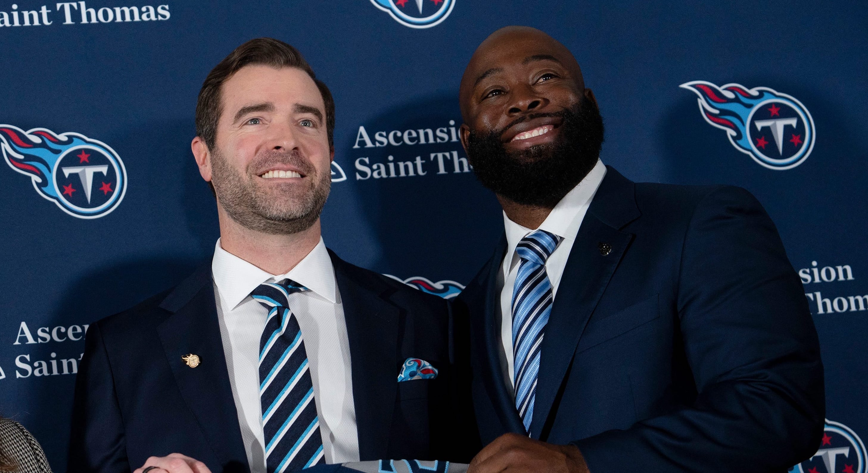 Tennessee Titans owner Amy Adams Strunk, left, Head Coach Brian Callahan, center, and Ran Carthon, general manager, stand for portraits at Ascension Saint Thomas Sports Park in Nashville