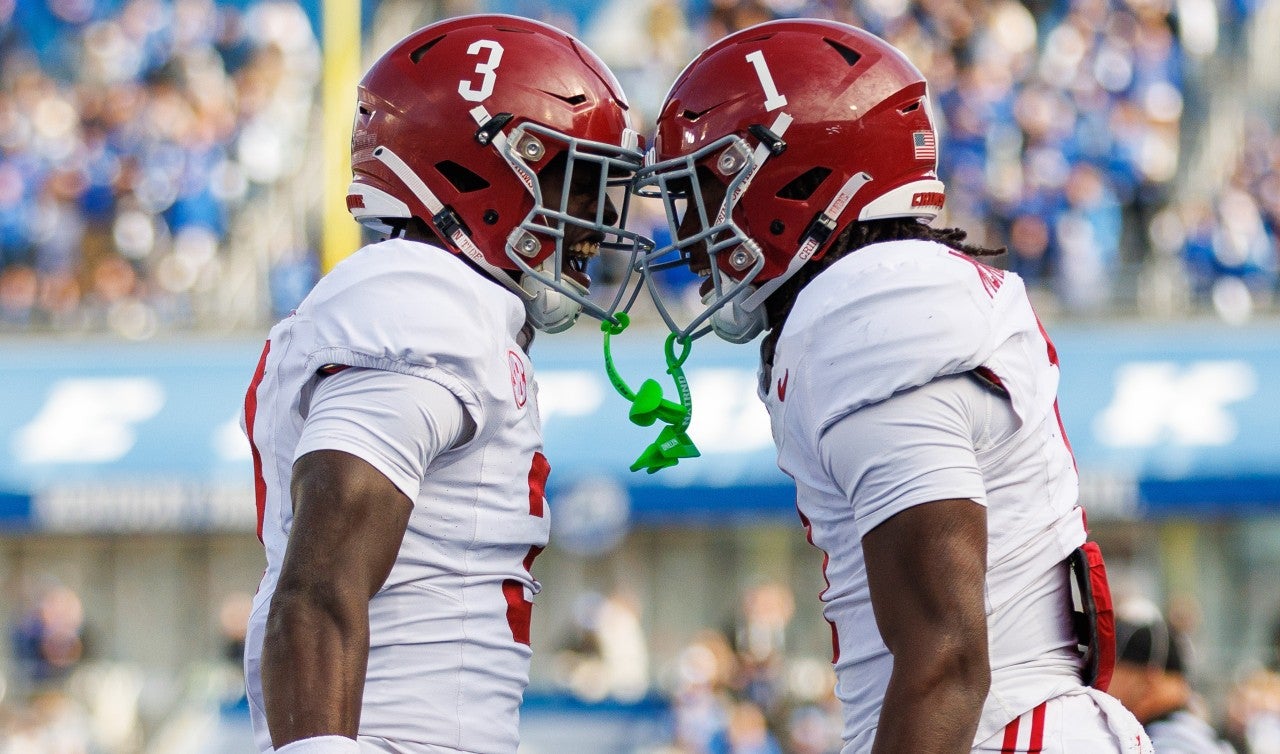 Nov 11, 2023; Lexington, Kentucky, USA; Alabama Crimson Tide defensive back Kool-Aid McKinstry (1) celebrates with defensive back Terrion Arnold (3) during the third quarter against the Kentucky Wildcats at Kroger Field. Mandatory Credit: Jordan Prather-USA TODAY Sports