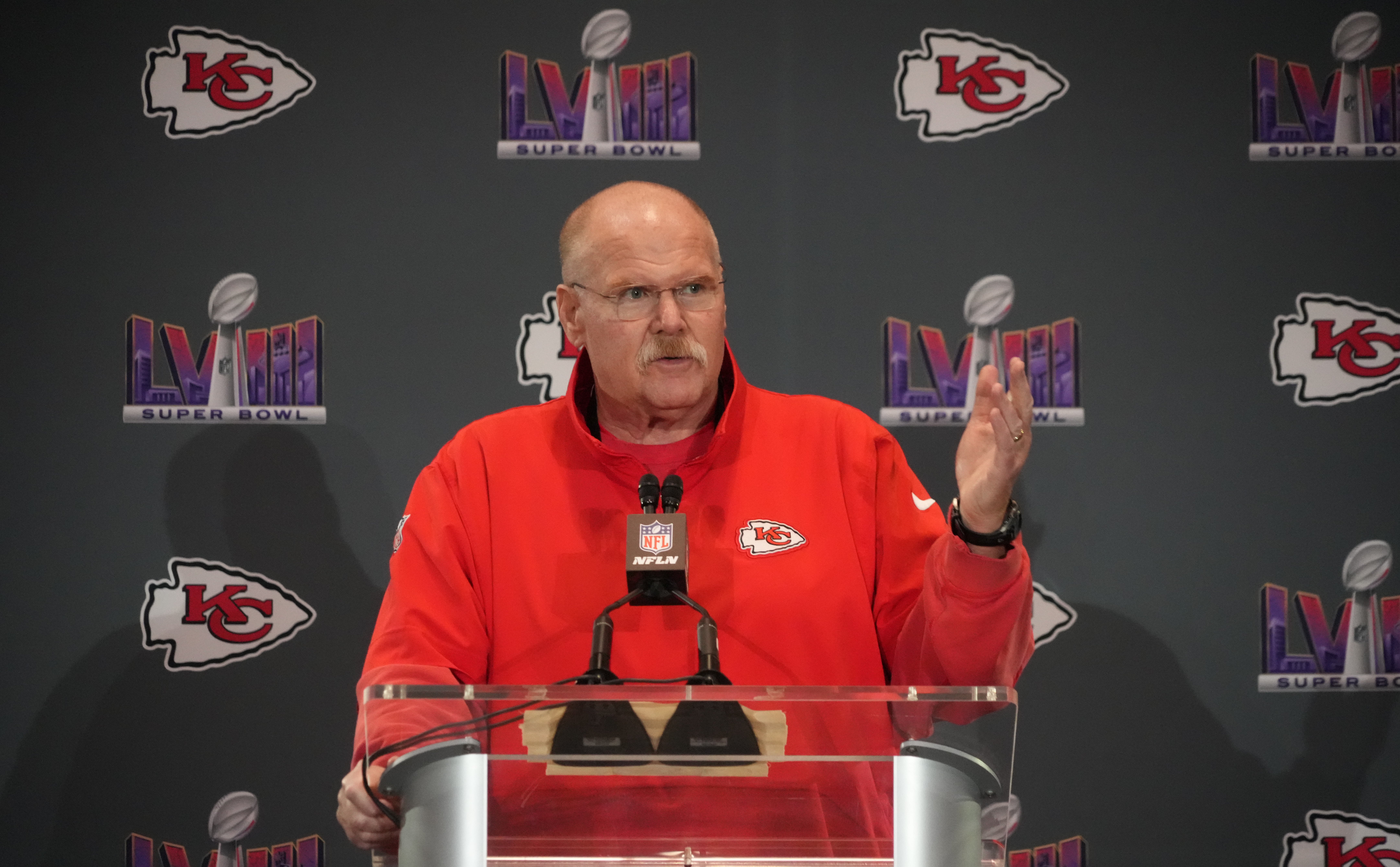 Kansas City Chiefs head coach Andy Reid speaks during a press conference before Super Bowl LVIII at Westin Lake Las Vegas Resort and Spa.