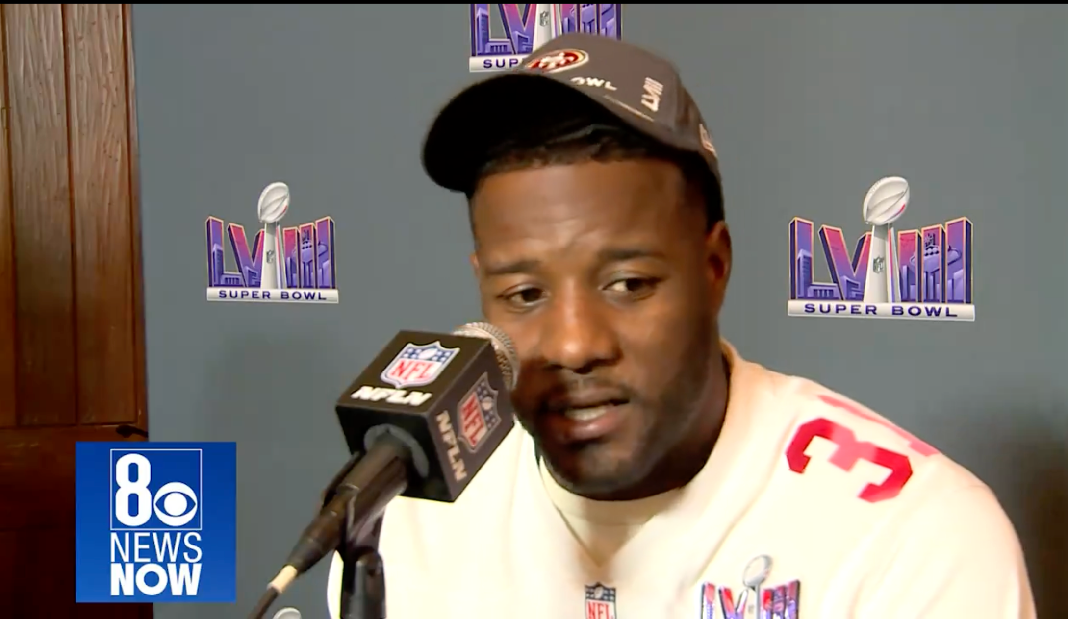 San Francisco 49ers defender Tashuan Gipson addresses the media ahead of Super Bowl 58 vs. Kansas City Chiefs