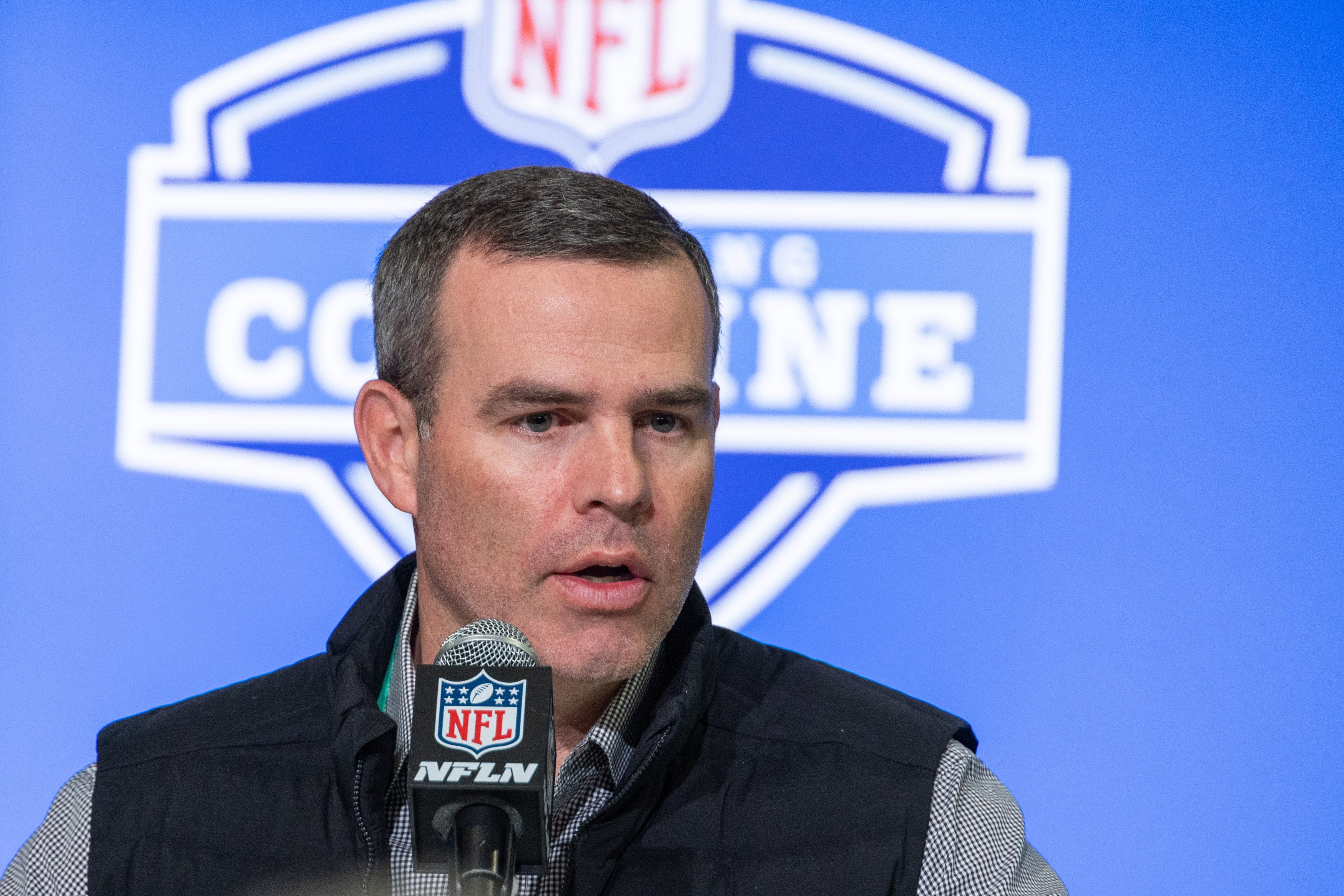 Feb 28, 2023; Indianapolis, IN, USA; Buffalo Bills general manager Brandon Beane speaks to the press at the NFL Combine at Lucas Oil Stadium.