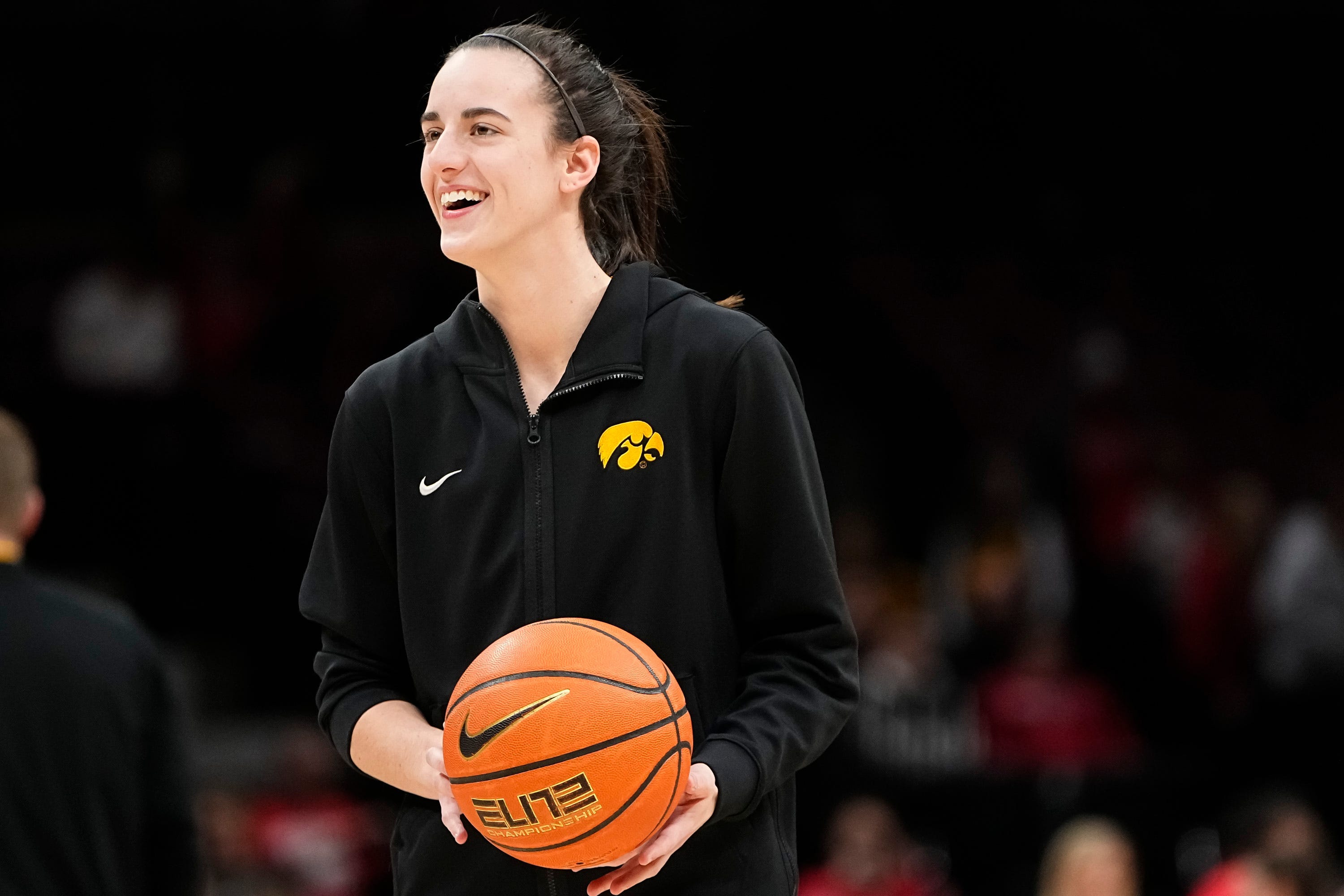 Iowa guard Caitlin Clark warms up prior to the Hawkeyes' game against Ohio State at Value City Arena in Columbus, Ohio