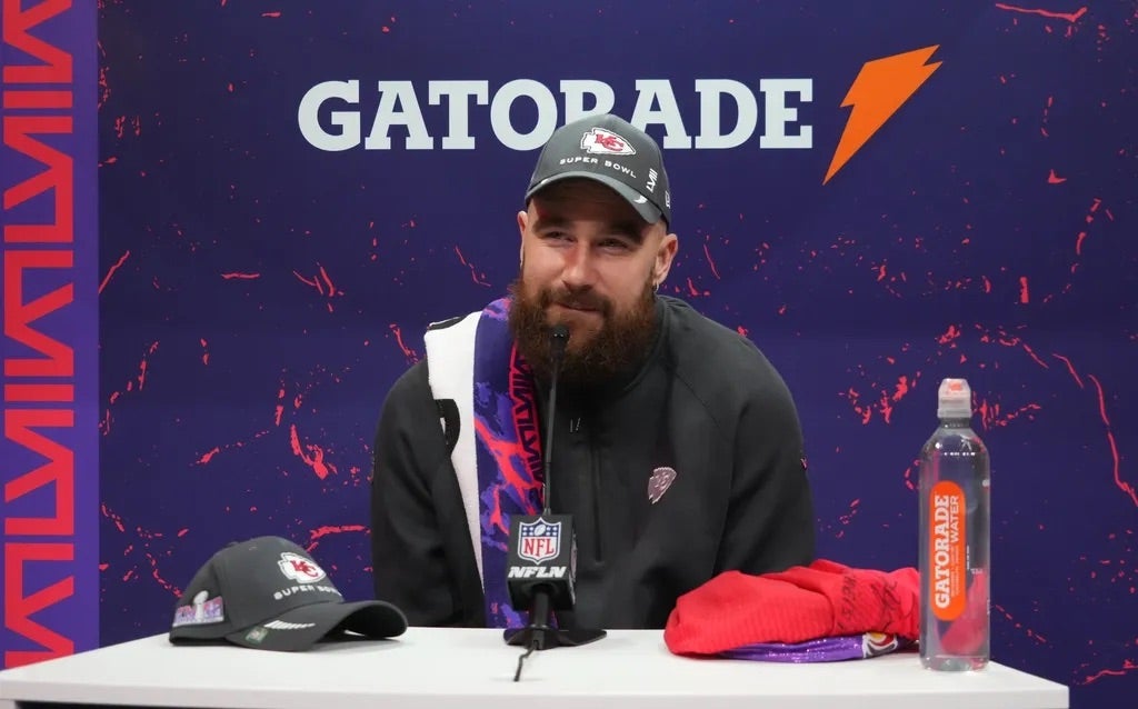 Kansas City Chiefs tight end Travis Kelce (87) during Super Bowl LVIII Opening Night at Allegiant Stadium.