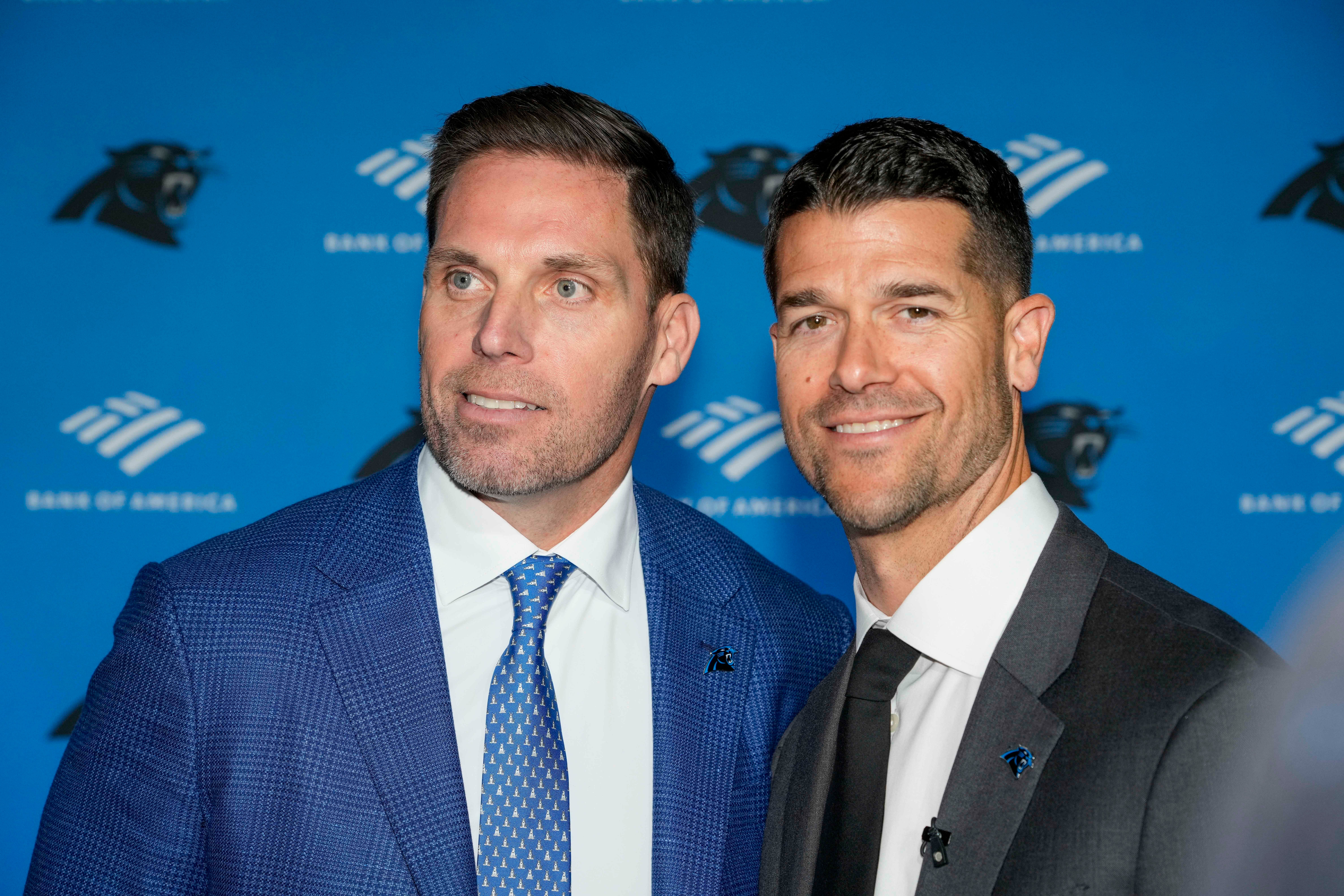 Feb 1, 2024; Charlotte, NC, USA; Carolina Panthers new general manager Dan Morgan and new head coach Dave Canales stand for a photo during the introductory press conference at Bank of America Stadium. Mandatory Credit: Jim Dedmon-USA TODAY Sports