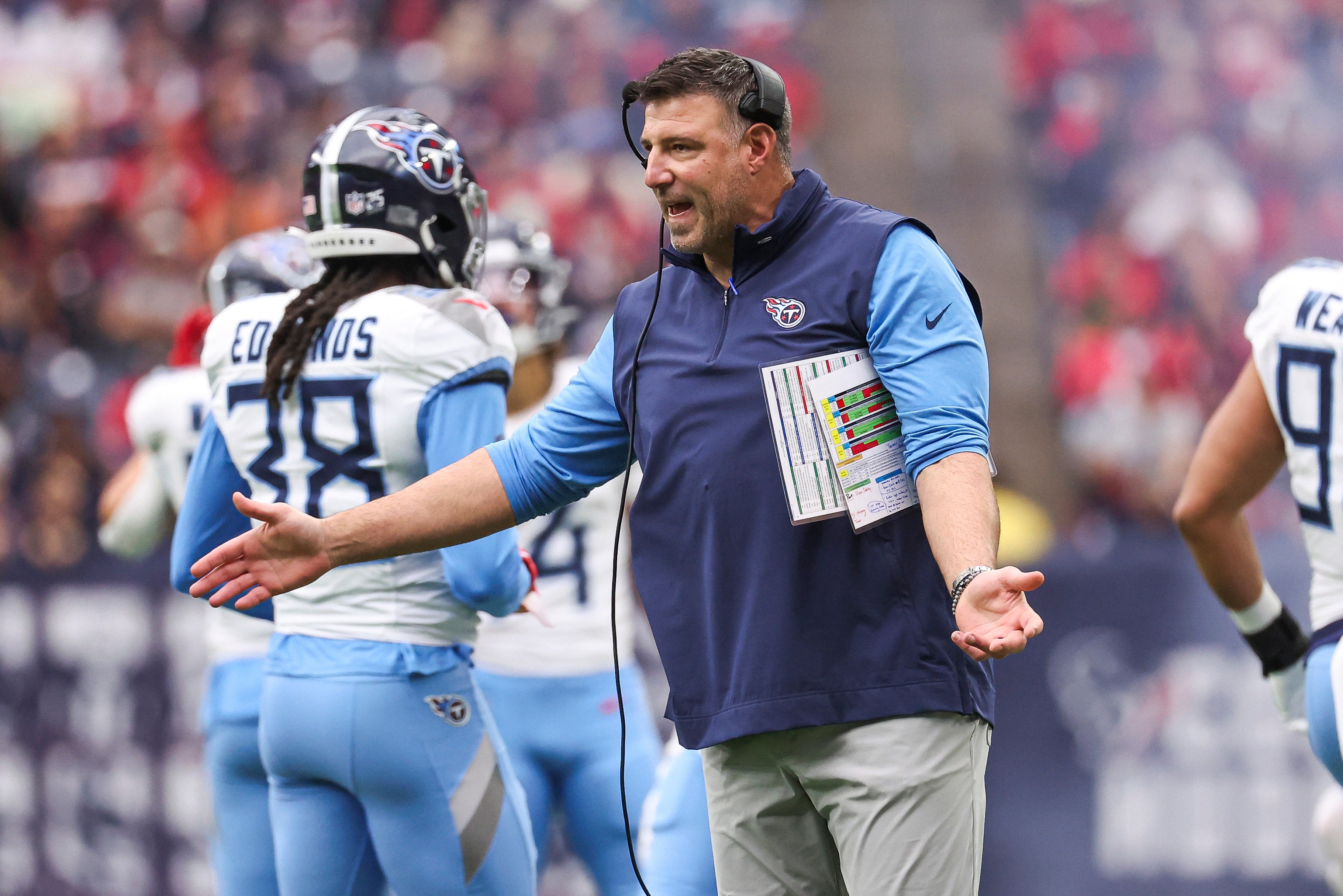 Tennessee Titans head coach Mike Vrabel reacts after a play during the first quarter against the Houston Texans at NRG Stadium.