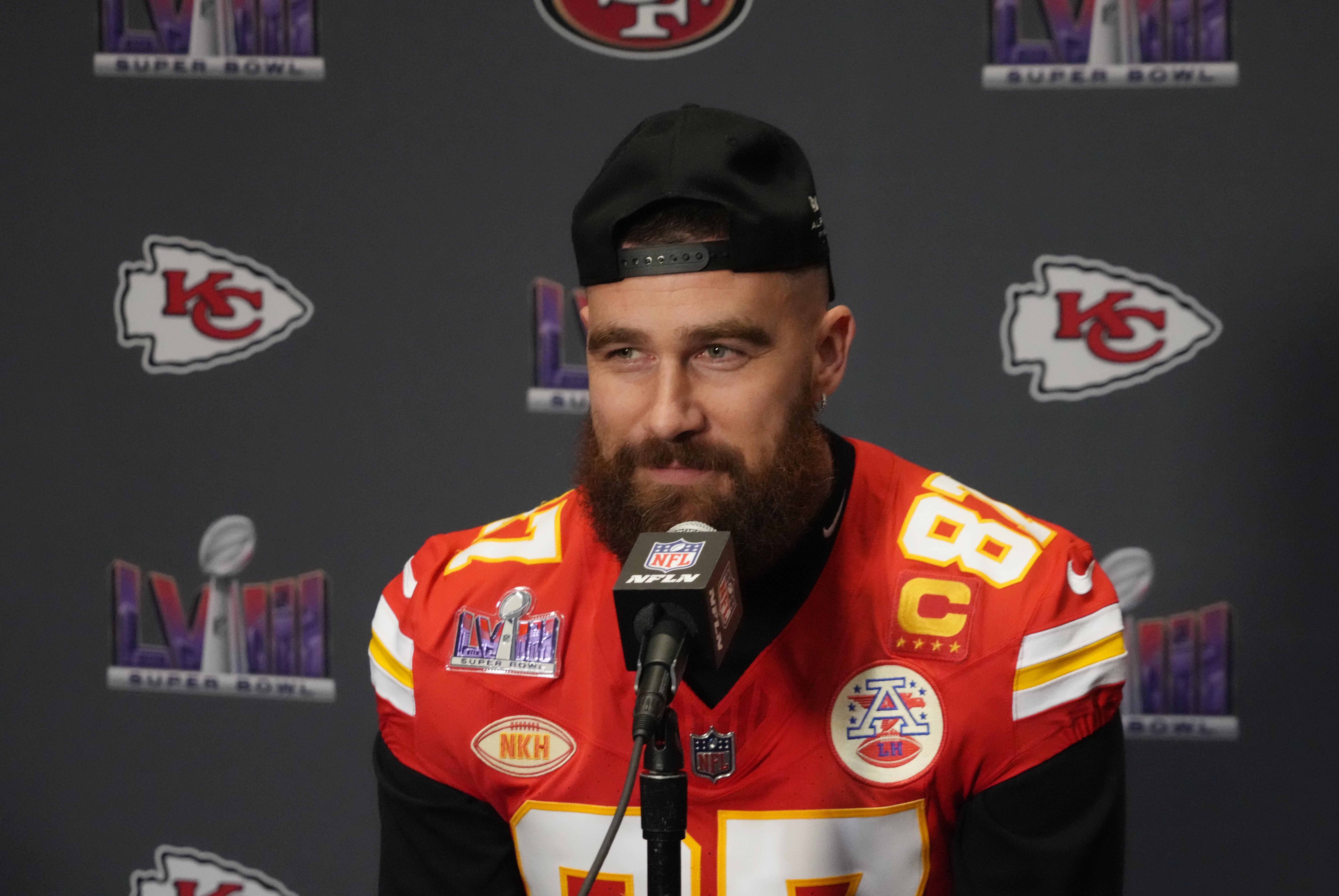 Kansas City Chiefs tight end Travis Kelce during a press conference before Super Bowl LVIII at Westin Lake Las Vegas Resort and Spa.