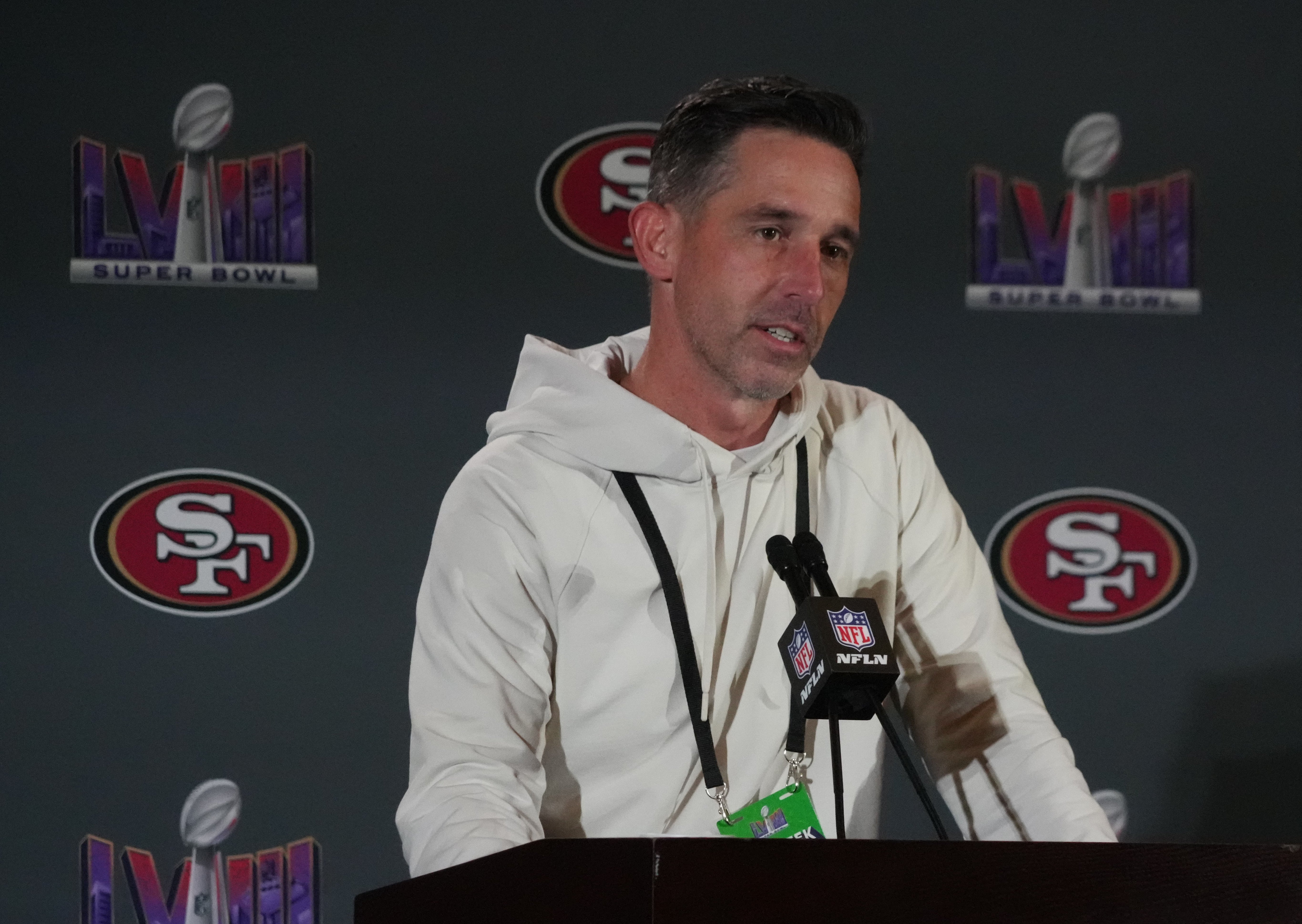 Feb 6, 2024; Las Vegas, NV, USA; San Francisco 49ers head coach Kyle Shanahan speaks during a press conference before Super Bowl LVIII at the Hilton Lake Las Vegas Resort.
