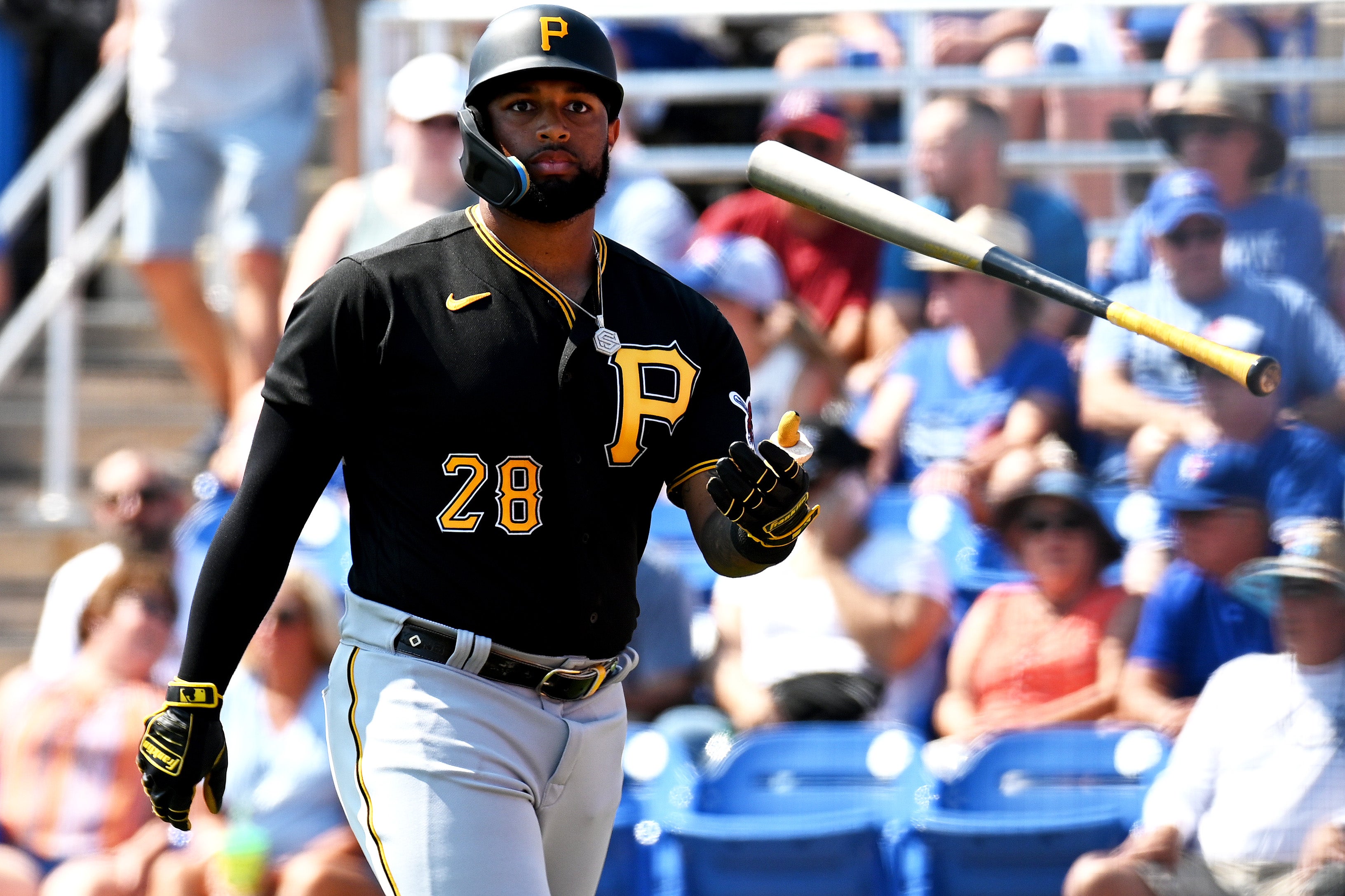 Mar 2, 2023; Dunedin, Florida, USA; Pittsburgh Pirates left fielder Canaan Smith-Njigba (28) reacts after striking out in the first inning of a spring training game against the Toronto Blue Jays at TD Ballpark.