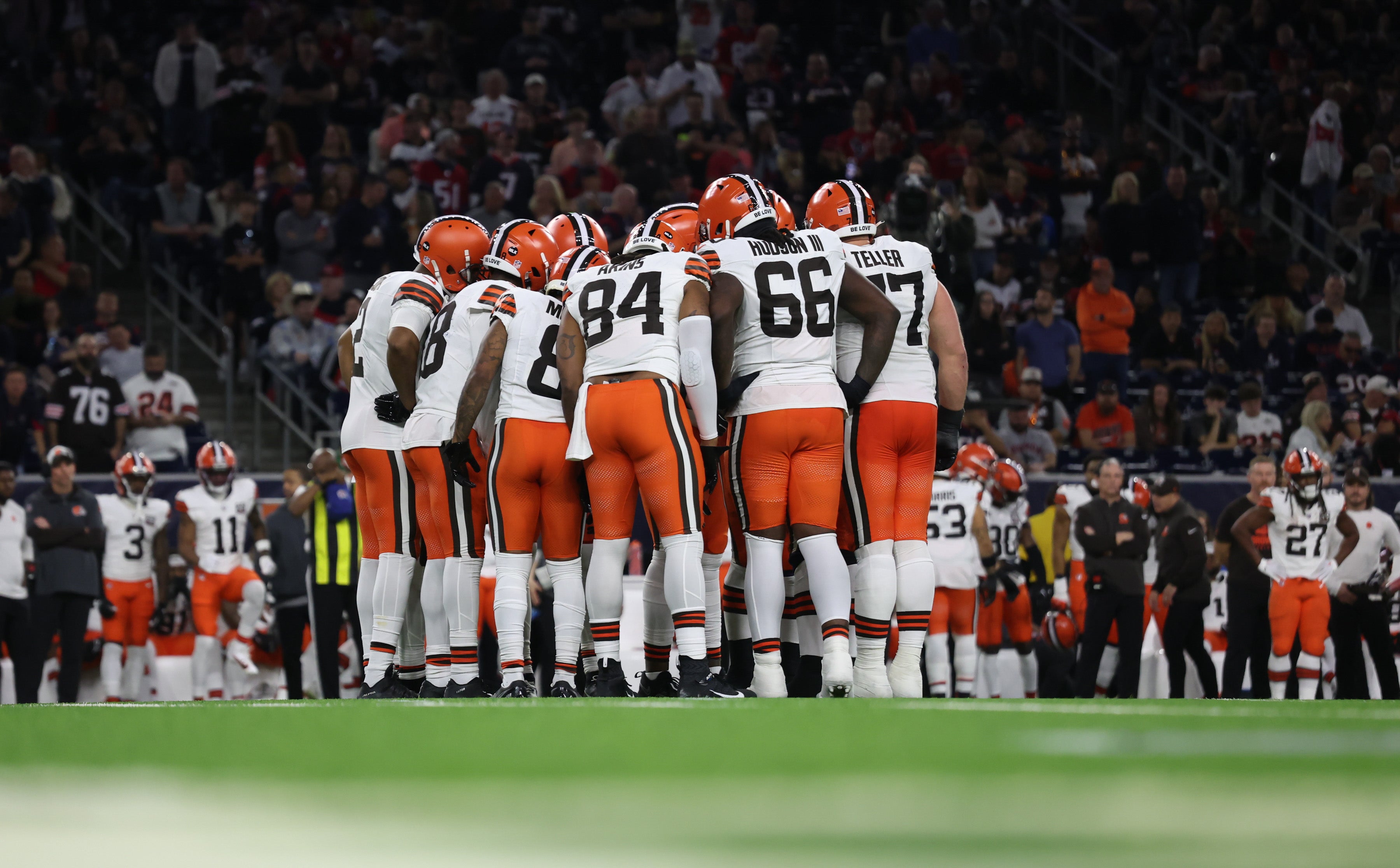 Jan 13, 2024; Houston, Texas, USA;The Cleveland Browns huddle against the Houston Texans in a 2024 AFC wild card game at NRG Stadium. Mandatory Credit: Thomas Shea-USA TODAY Sports
