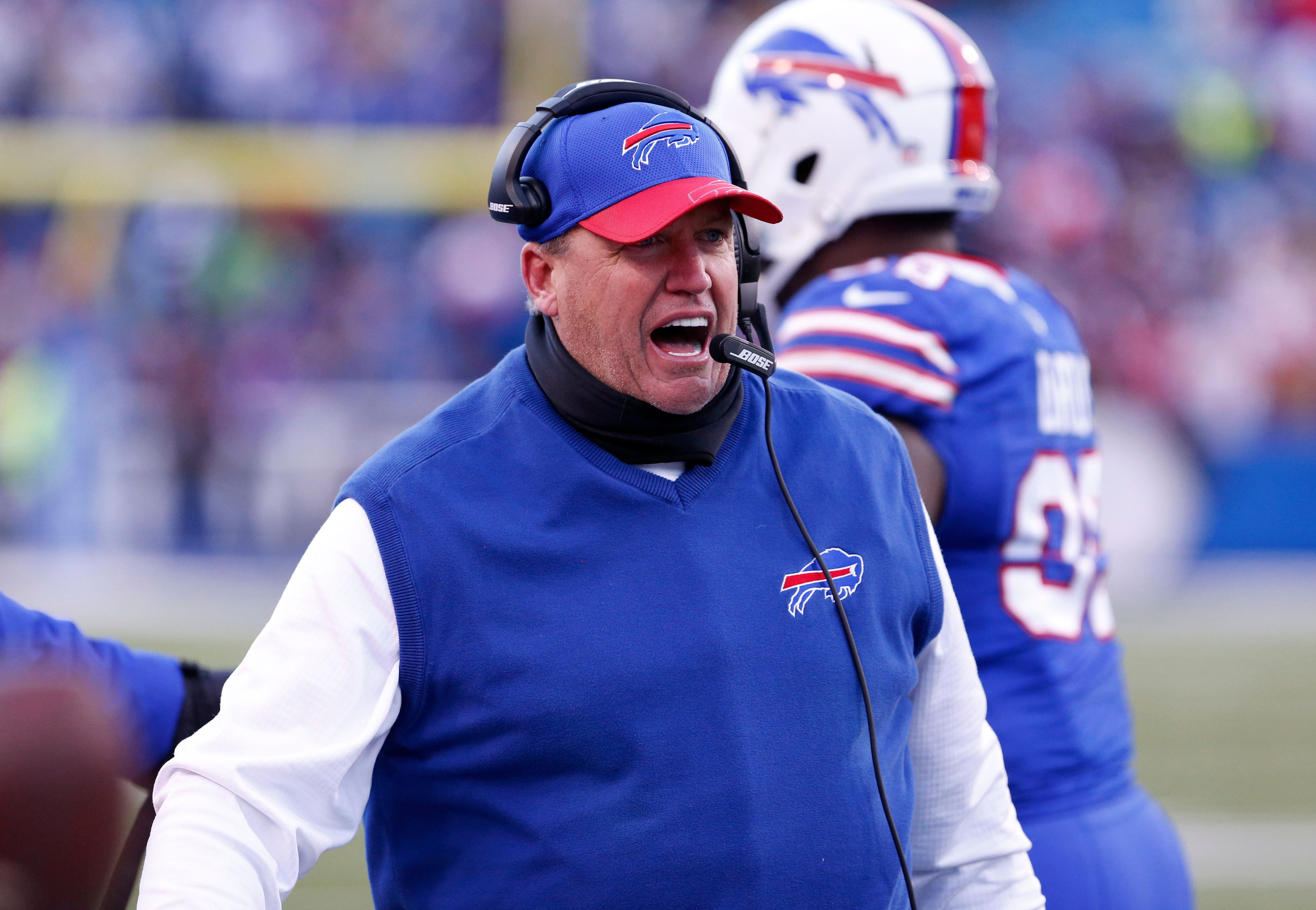 Buffalo Bills head coach Rex Ryan reacts to his team scoring a touchdown during the second half against the Cleveland Browns at New Era Field. Buffalo beats Cleveland 33 to 13.