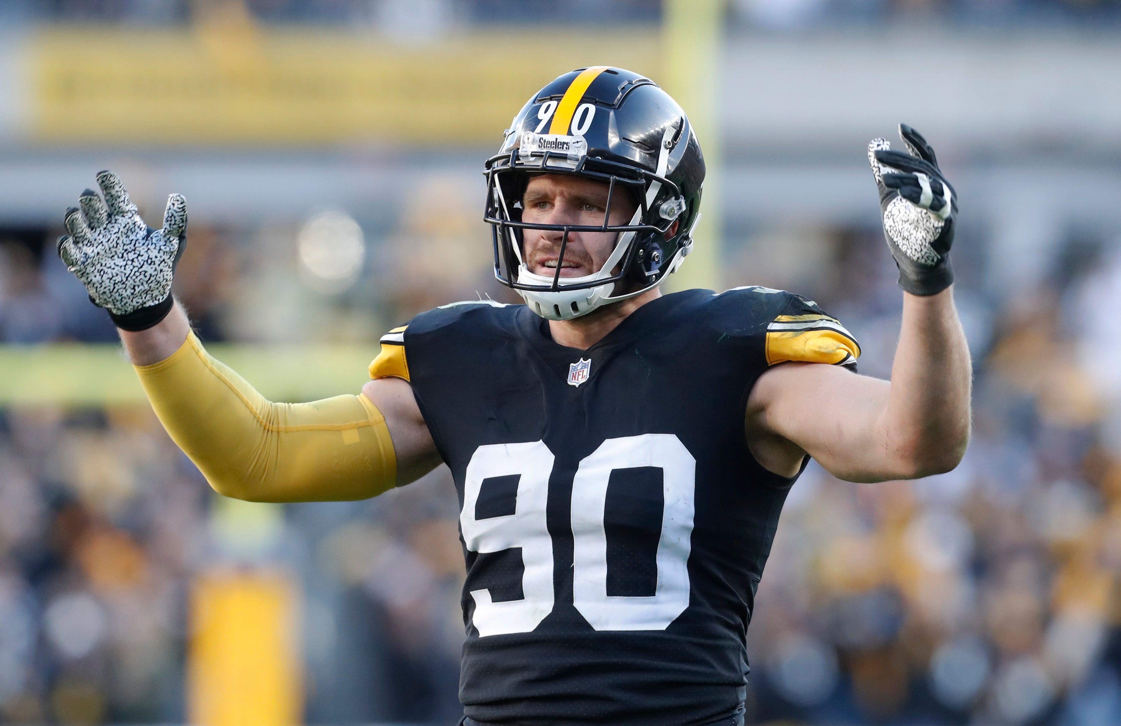 Nov 12, 2023; Pittsburgh, Pennsylvania, USA; Pittsburgh Steelers linebacker T.J. Watt (90) reacts to the crowd against the Green Bay Packers during the fourth quarter at Acrisure Stadium. Pittsburgh won 23-19. Mandatory Credit: Charles LeClaire-USA TODAY Sports