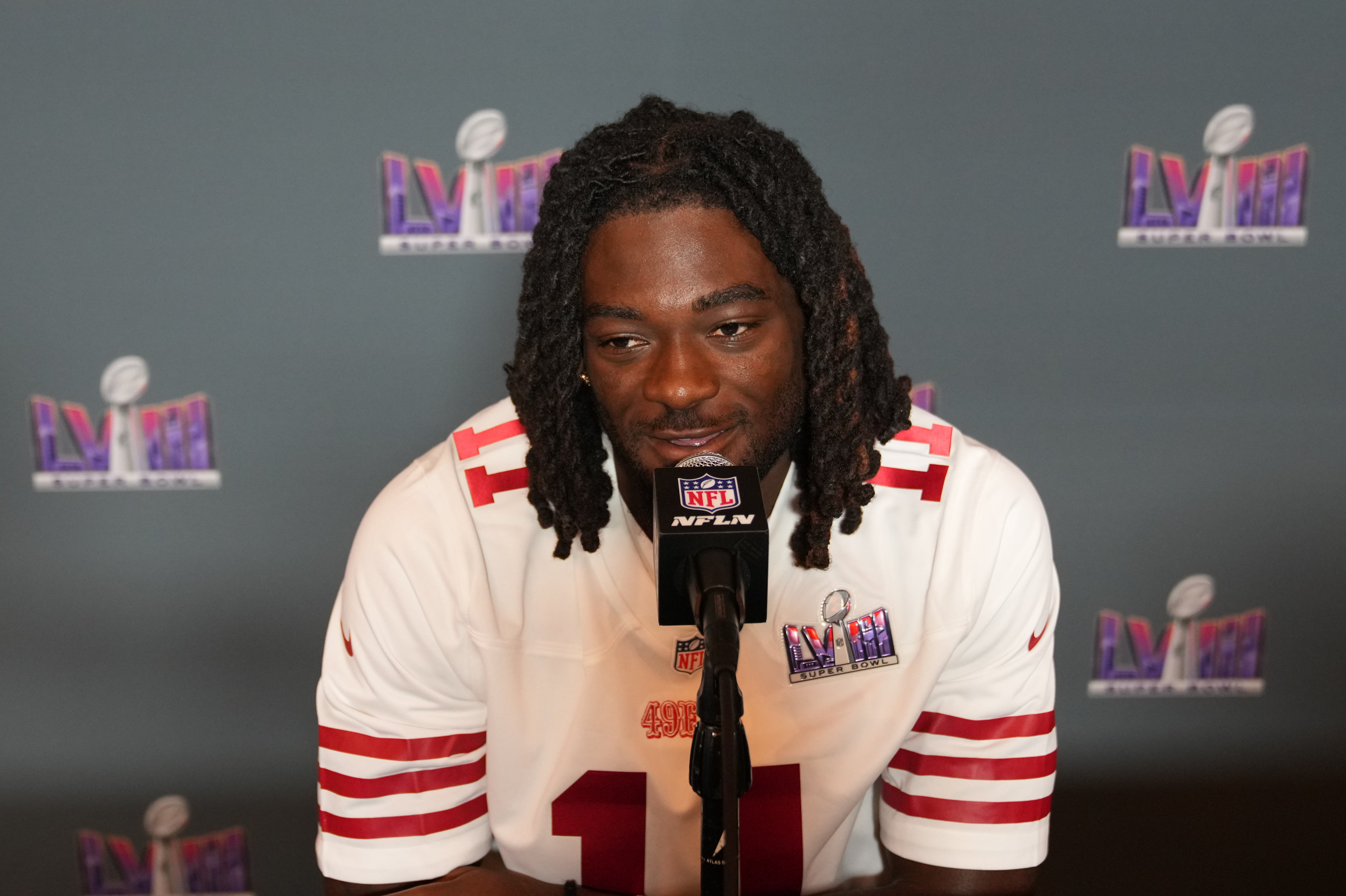 Feb 7, 2024; Las Vegas, NV, USA; San Francisco 49ers wide receiver Brandon Aiyuk (11) during a press conference before Super Bowl LVIII at Hilton Lake Las Vegas Resort and Spa. Mandatory Credit: