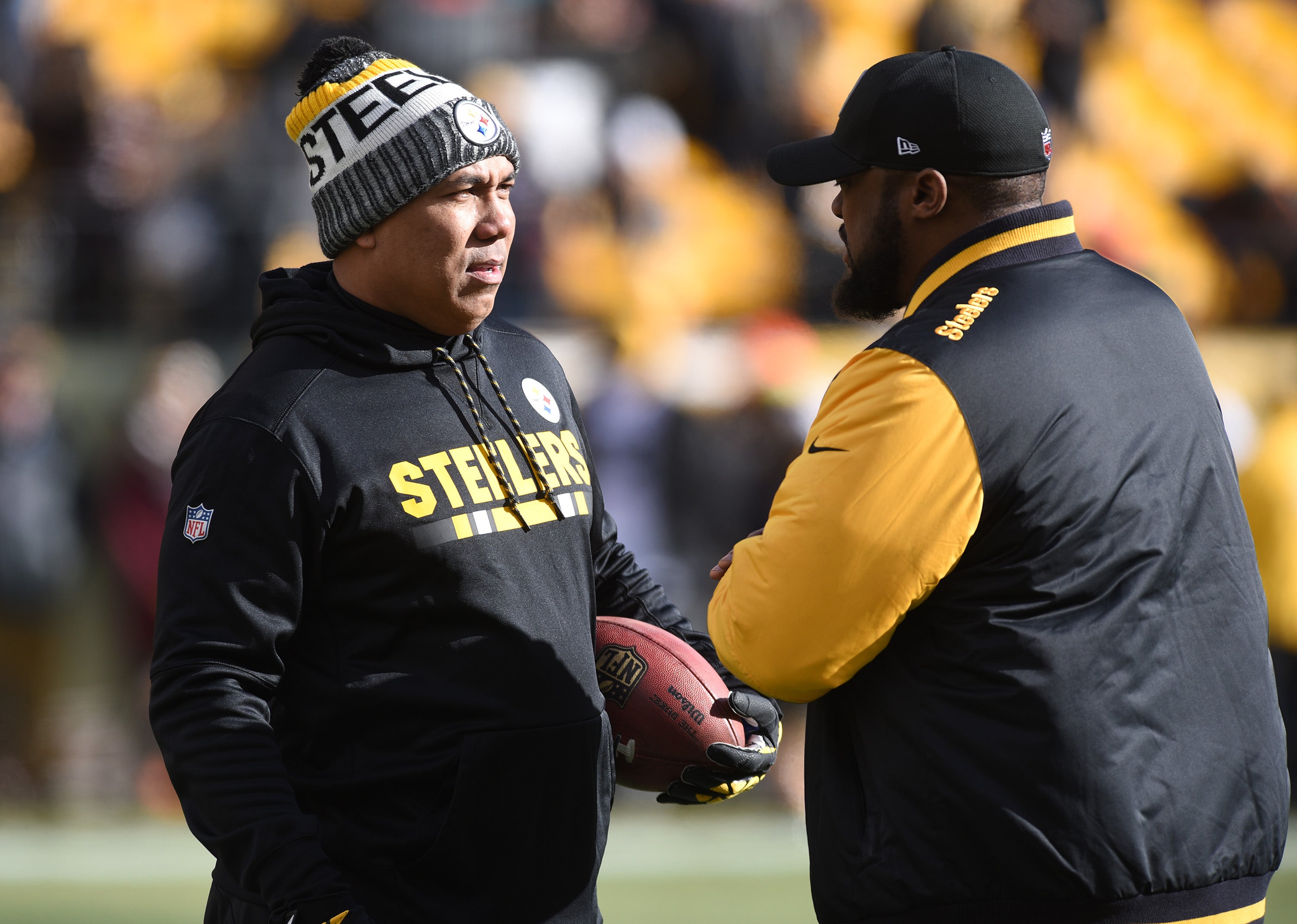 Jan 14, 2018; Pittsburgh, PA, USA; Pittsburgh Steelers former wide receiver Hines Ward (left) talks with head coach Mike Tomlin prior to the AFC Divisional Playoff game against the Jacksonville Jaguars at Heinz Field. Mandatory Credit: Philip G. Pavely-USA TODAY Sports
