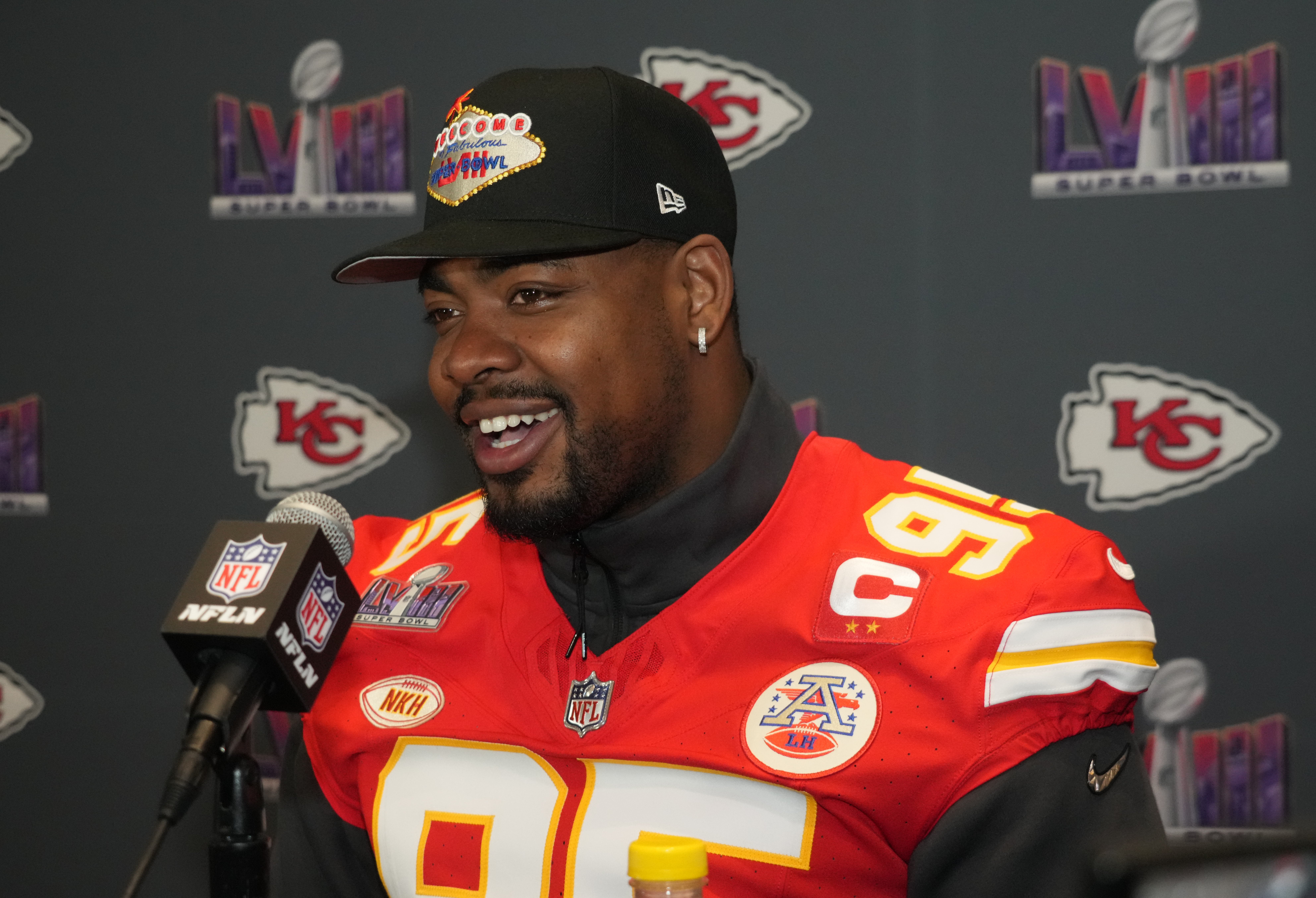Feb 7, 2024; Las Vegas, NV, USA; Kansas City Chiefs defensive tackle Chris Jones (95) during a press conference before Super Bowl LVIII at Westin Lake Las Vegas Resort and Spa.