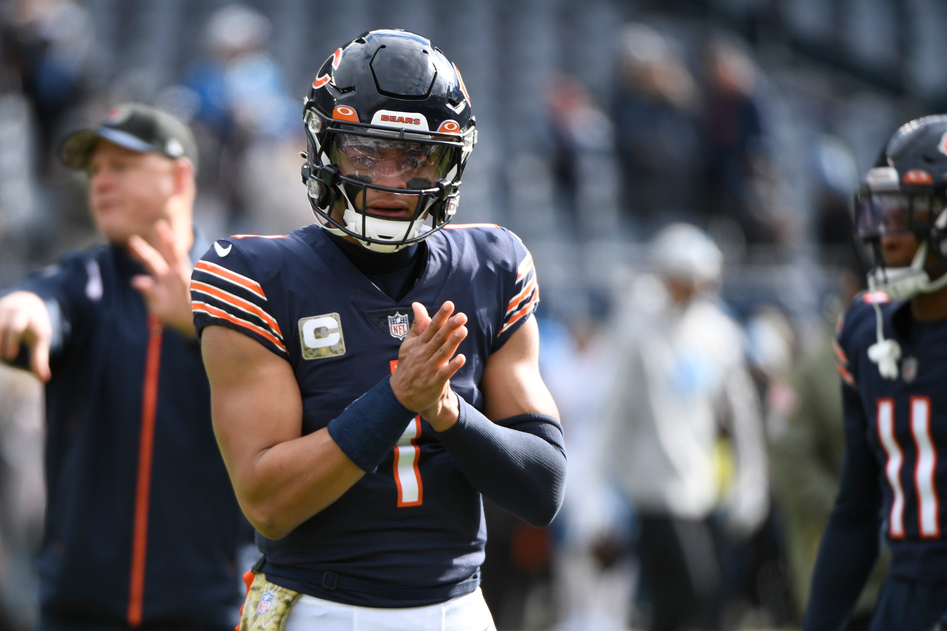 Nov 13, 2022; Chicago, Illinois, USA; Chicago Bears quarterback Justin Fields (1) during warmups before the game against the Detroit Lions at Soldier Field.