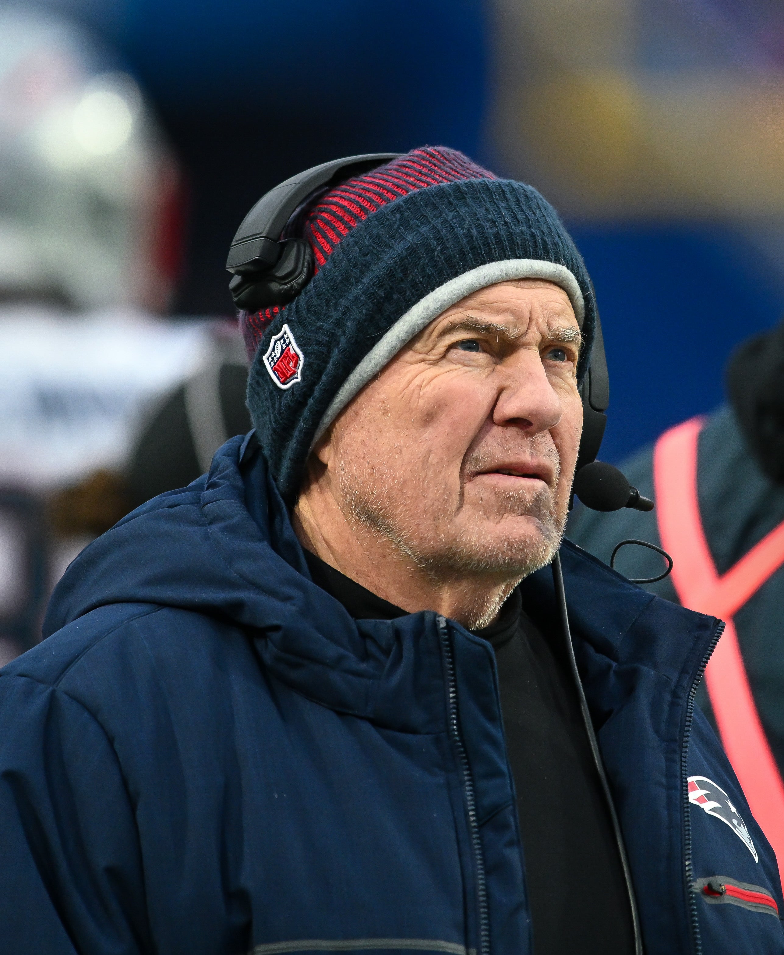 New England Patriots head coach Bill Belichick looks at the scoreboard in the fourth quarter game against the Buffalo Bills at Highmark Stadium