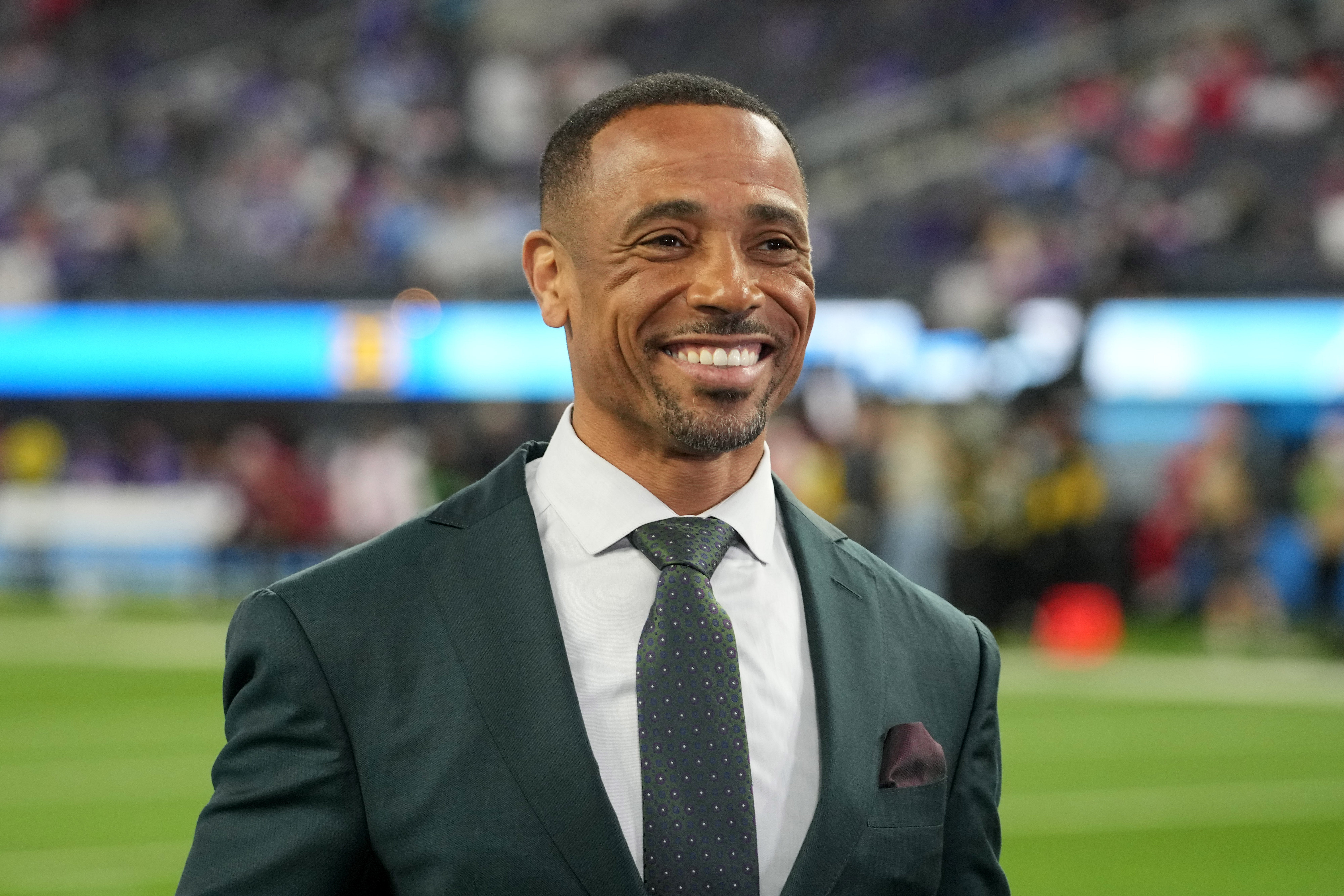 NBC Sports broadcaster Rodney Harrison during the game between the Los Angeles Chargers and the Buffalo Bills at SoFi Stadium.