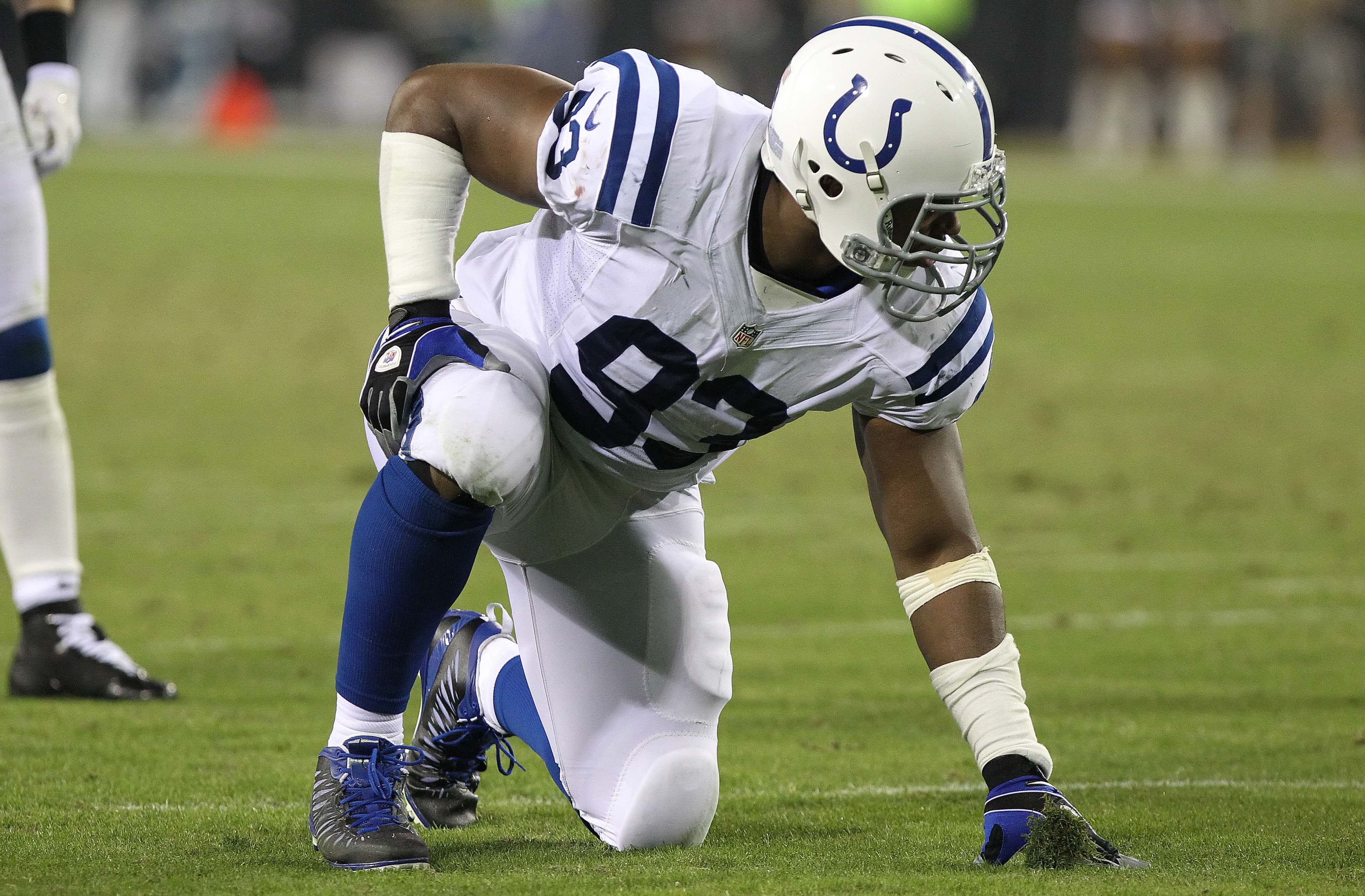November 8, 2012; Jacksonville FL, USA; Indianapolis Colts outside linebacker Dwight Freeney (93) rushes during the second half against the Jacksonville Jaguars at EverBank Field. Indianapolis Colts defeated the Jacksonville Jaguars 27-10.
