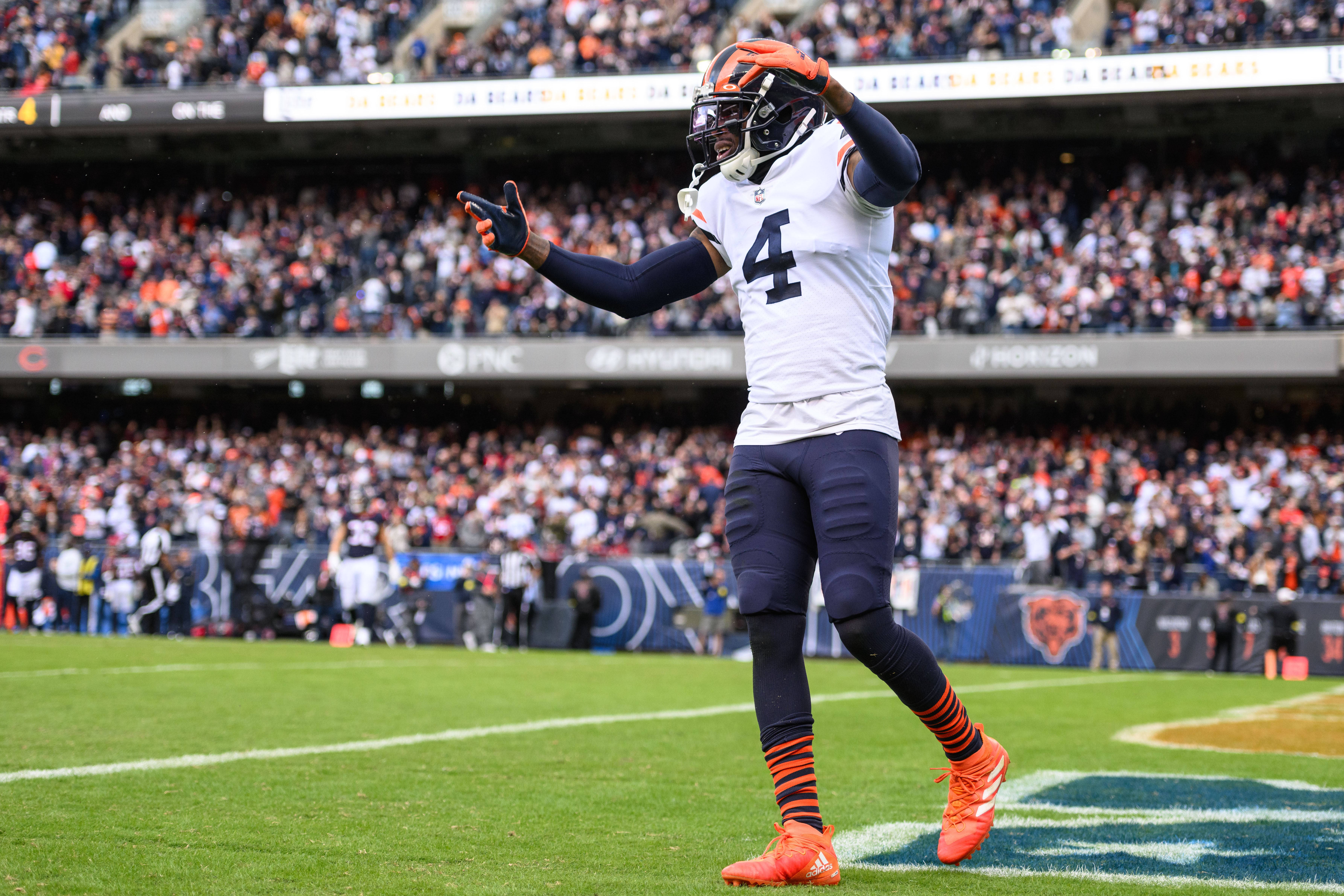 Sep 25, 2022; Chicago, Illinois, USA; Chicago Bears free safety Eddie Jackson (4) celebrates a defensive play in the fourth quarter against the Houston Texans at Soldier Field.