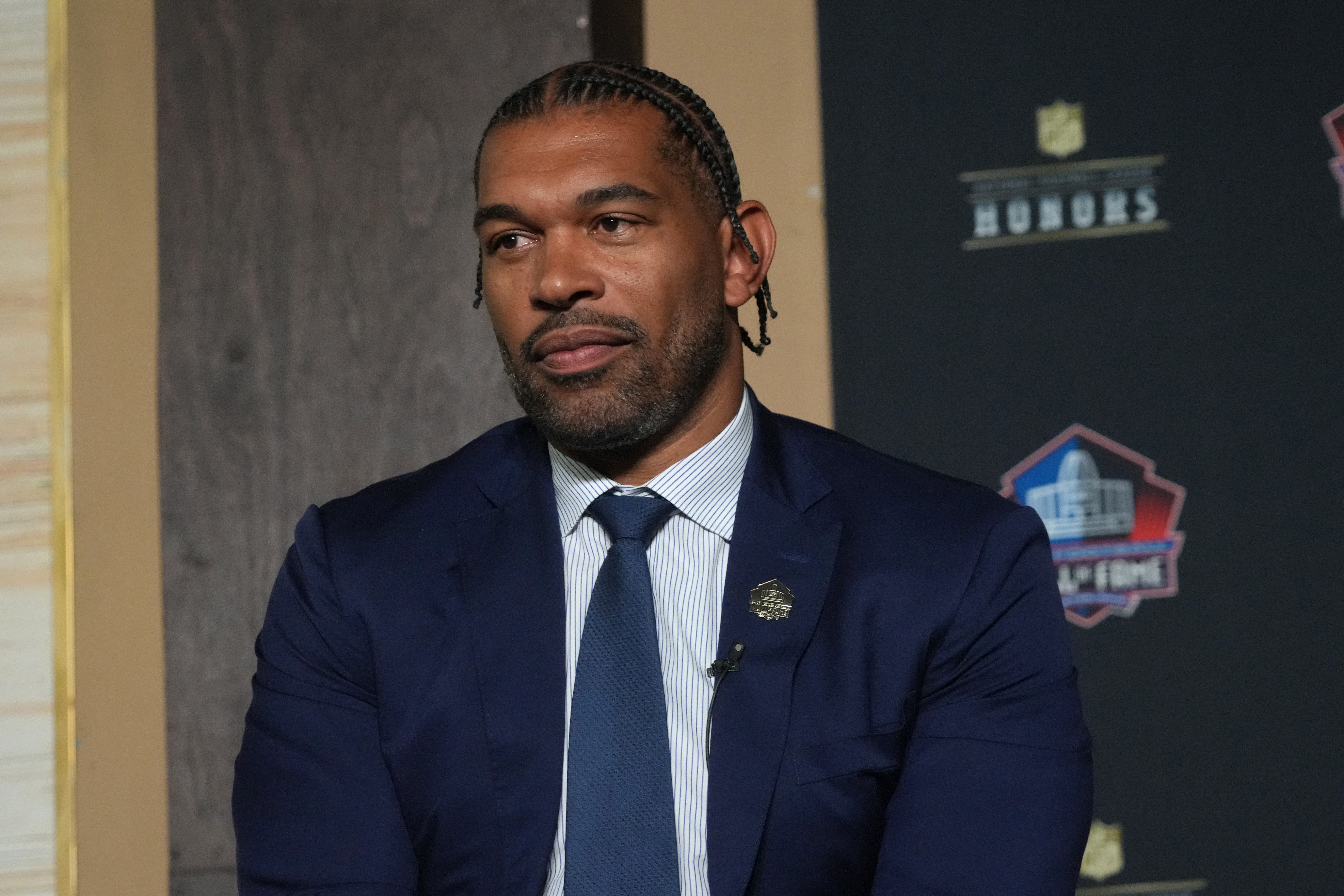 Feb 8, 2024; Las Vegas, NV, USA; Julius Peppers during the NFL Hall of Fame Class of 2024 press conference at Resorts World Theatre. Mandatory Credit: Kirby Lee-USA TODAY Sports