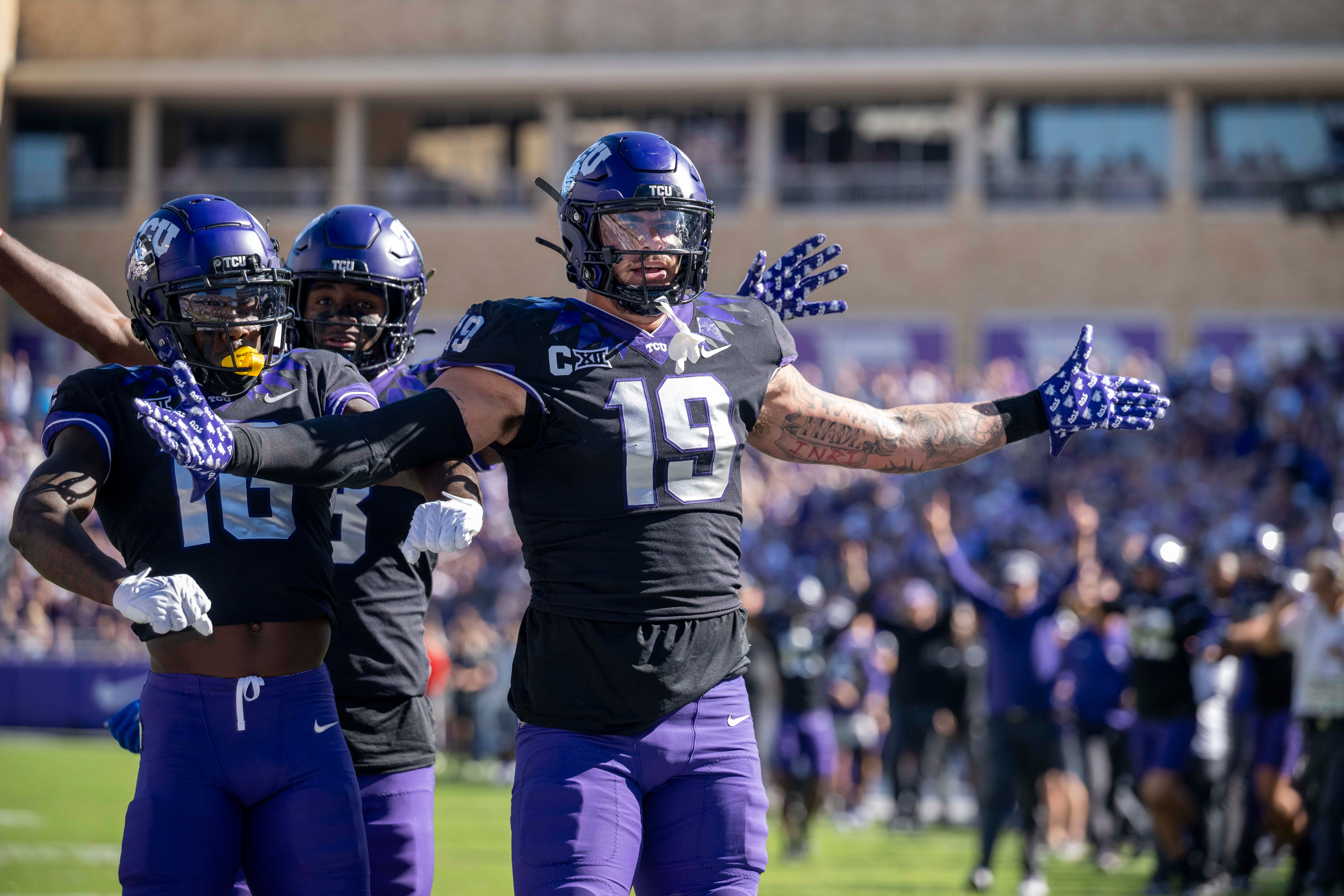 TCU Horned Frogs tight end Jared Wiley (19) celebrates during the game between the TCU Horned Frogs and the Brigham Young Cougars