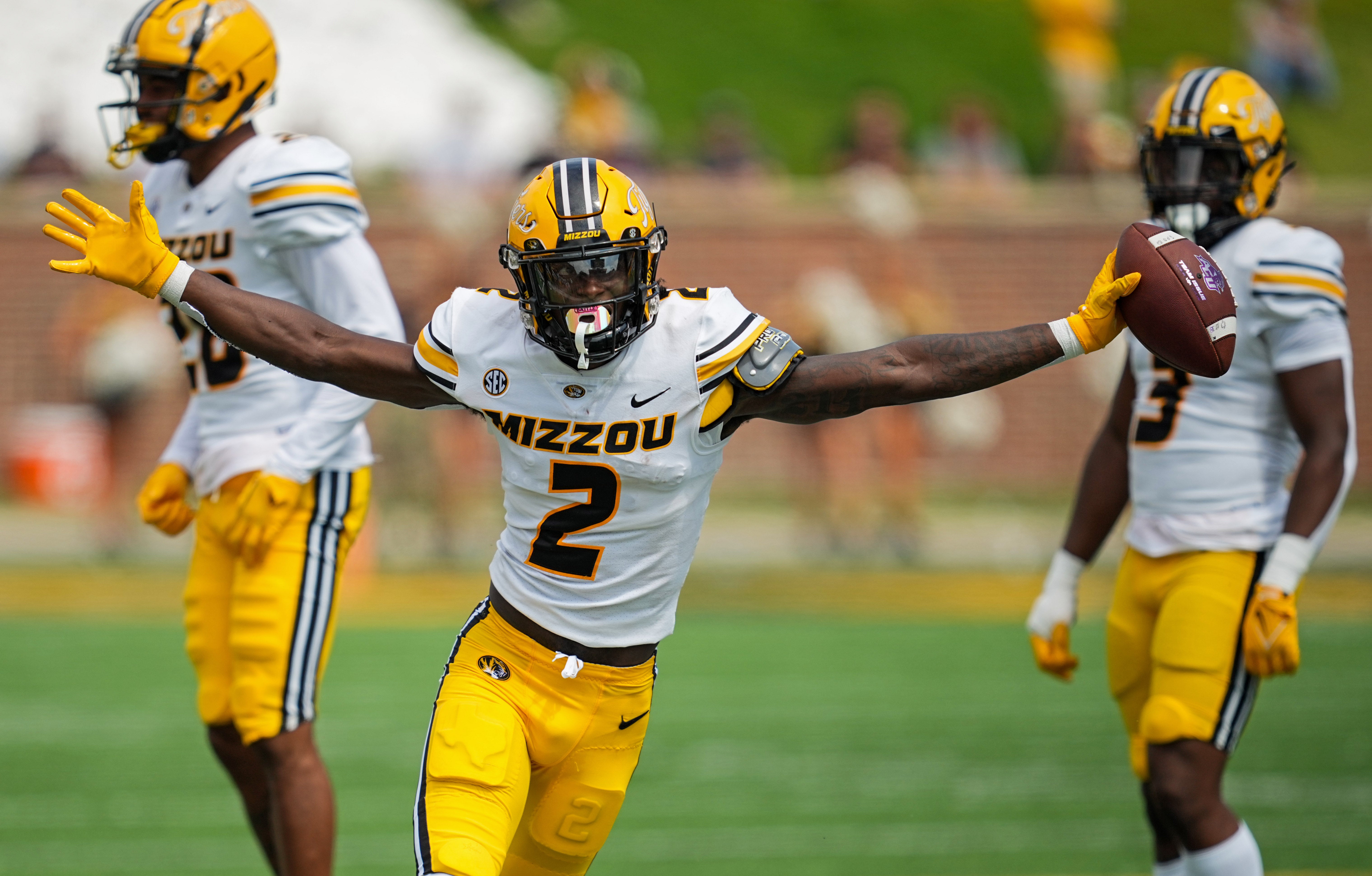 Sep 17, 2022; Columbia, Missouri, USA; Missouri Tigers defensive back Ennis Rakestraw Jr. (2) celebrates after an interception against the Abilene Christian Wildcats during the second half at Faurot Field at Memorial Stadium.