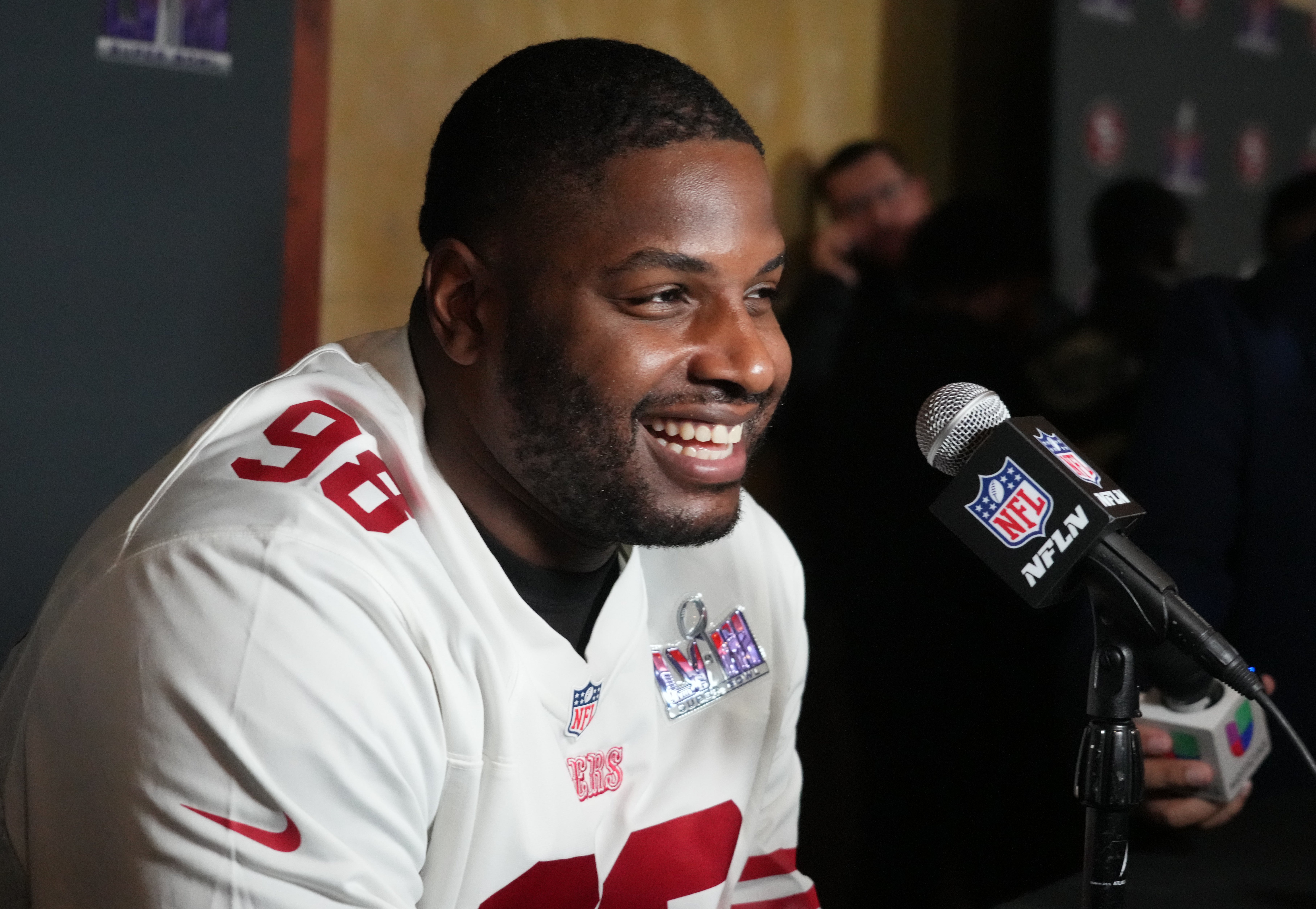Feb 6, 2024; Las Vegas, NV, USA; San Francisco 49ers defensive tackle Javon Hargrave (98) during a press conference before Super Bowl LVIII at the Hilton Lake Las Vegas Resort.